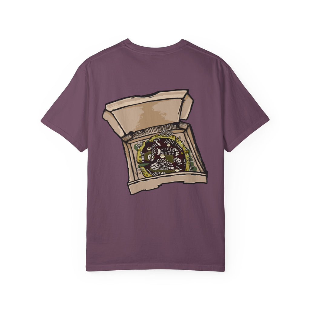 Freaky Features Fishman t-shirt, front shows grotesque fishman with orange eyes and red nose, back shows open pizza box with sewer pizza and skeletons
