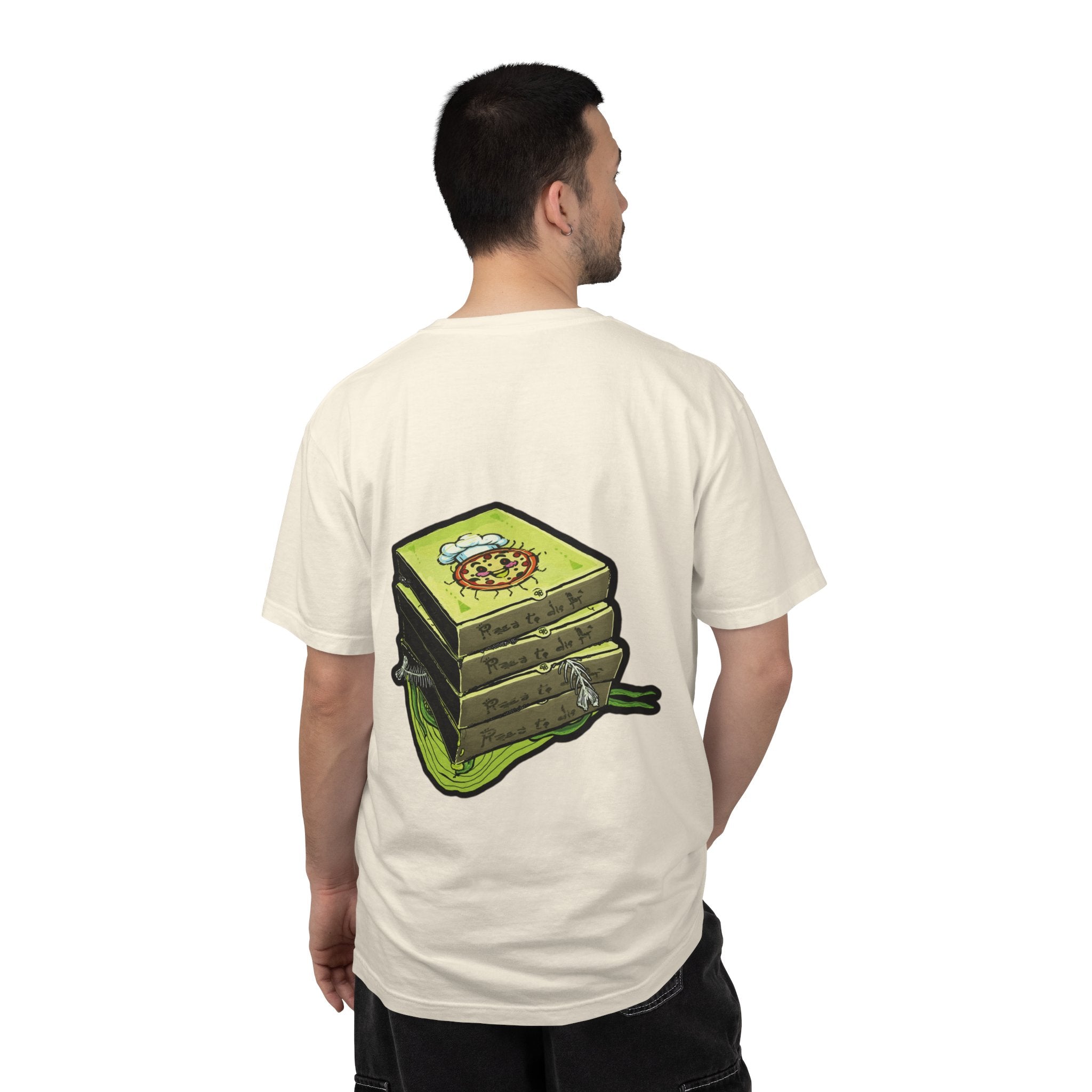 Hand-drawn PizzaBytes Set #2 t-shirt showing a 3x3 grid of open pizza boxes with various weird designs like ice pizza , jelly and bird nest from PizzaBytes collection

