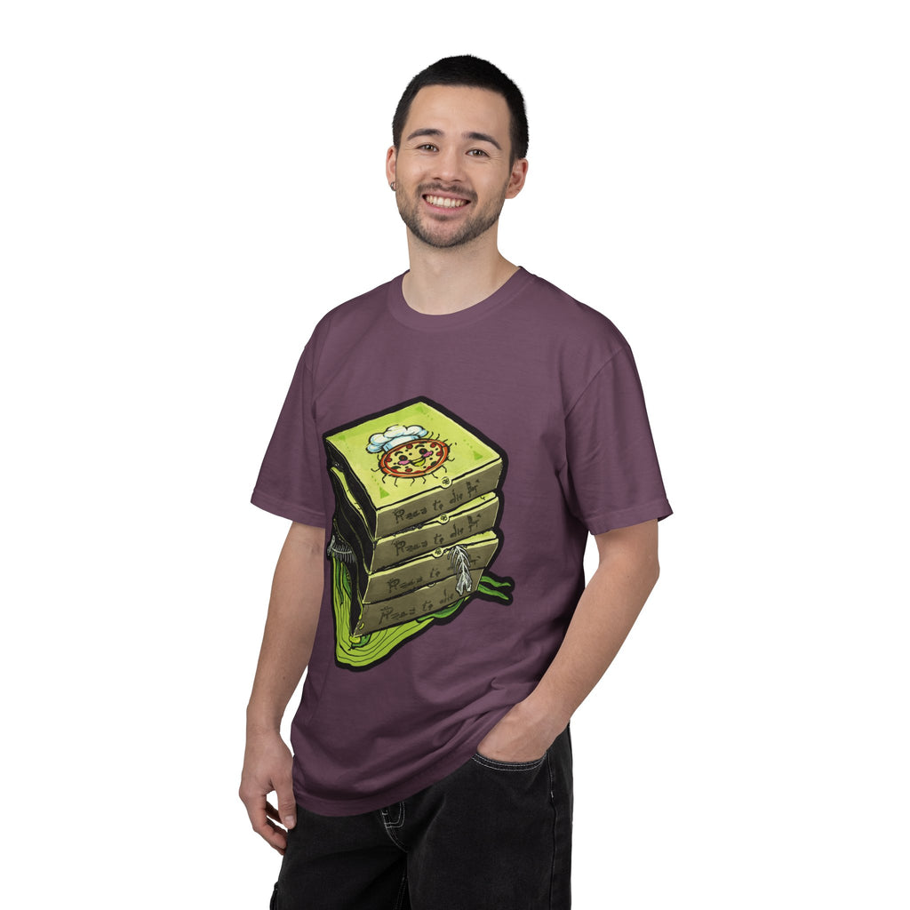 Hand-drawn toxic pizza stack t-shirt with glowing green pizza character and slimy tentacle on tee from PizzaBytes collection