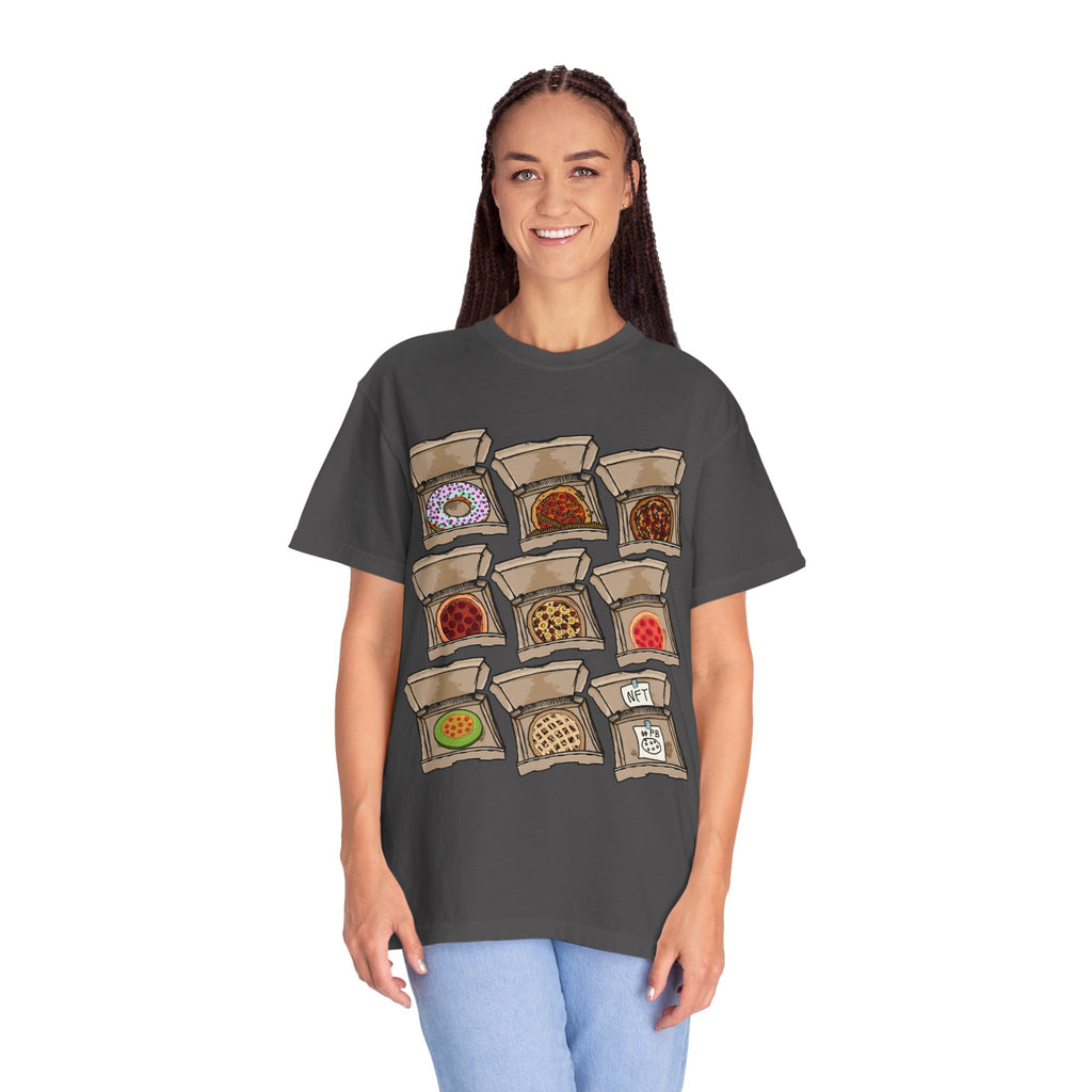Hand-drawn PizzaBytes Set #3 t-shirt showing a 3x3 grid of open pizza boxes with various weird pizzas including rainbow donut, cherry pie and NFT from PizzaBytes collection

