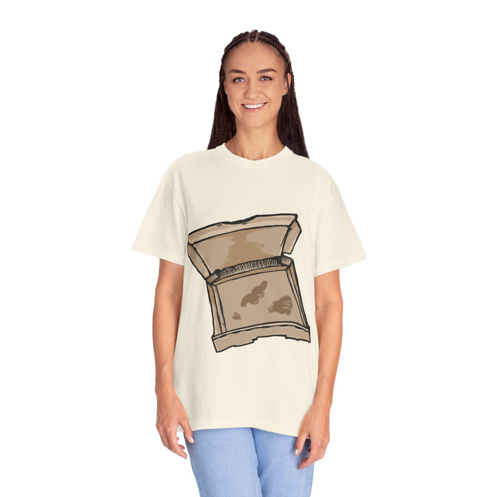 Hand-drawn empty pizza box t-shirt showing open box with grease stains on Comfort tee from PizzaBytes collection
