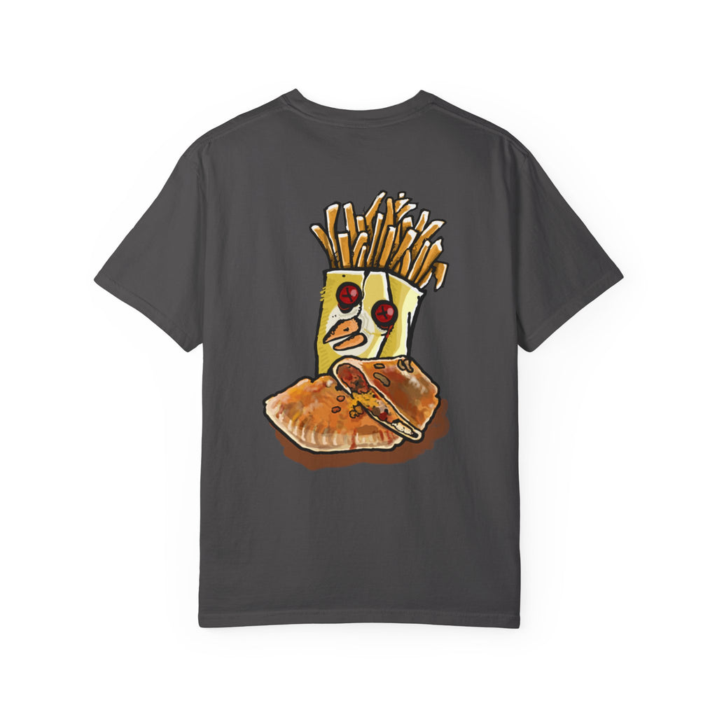 Hand-drawn PizzaBytes Set #4 t-shirt showing a cute blue soda cup monster with heart eyes in front of multiple open pizza boxes from PizzaBytes collection

