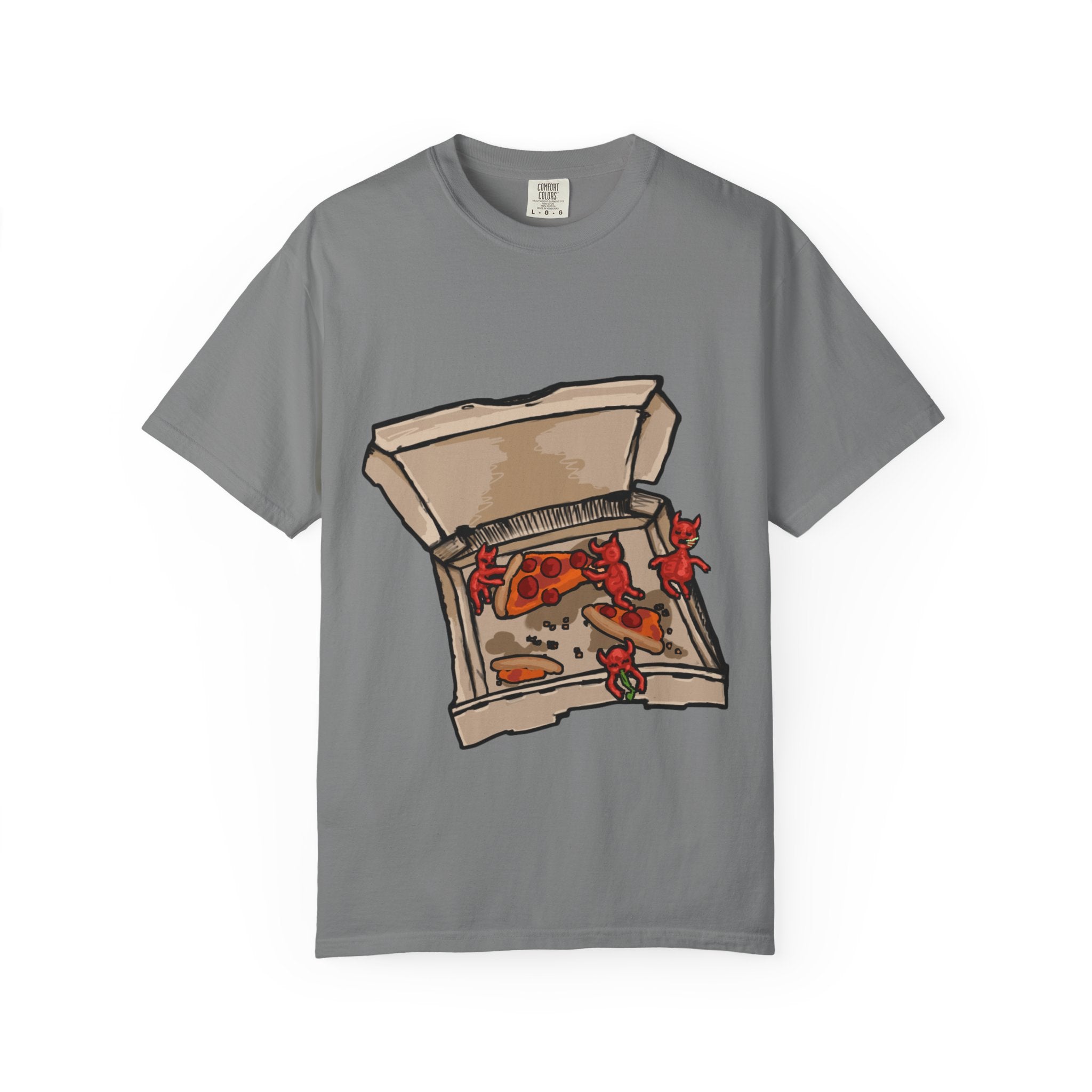 Hand-drawn little devils pizza box t-shirt showing open pizza box with cute red devils eating and stealing pepperoni pizza slices from PizzaBytes collection

