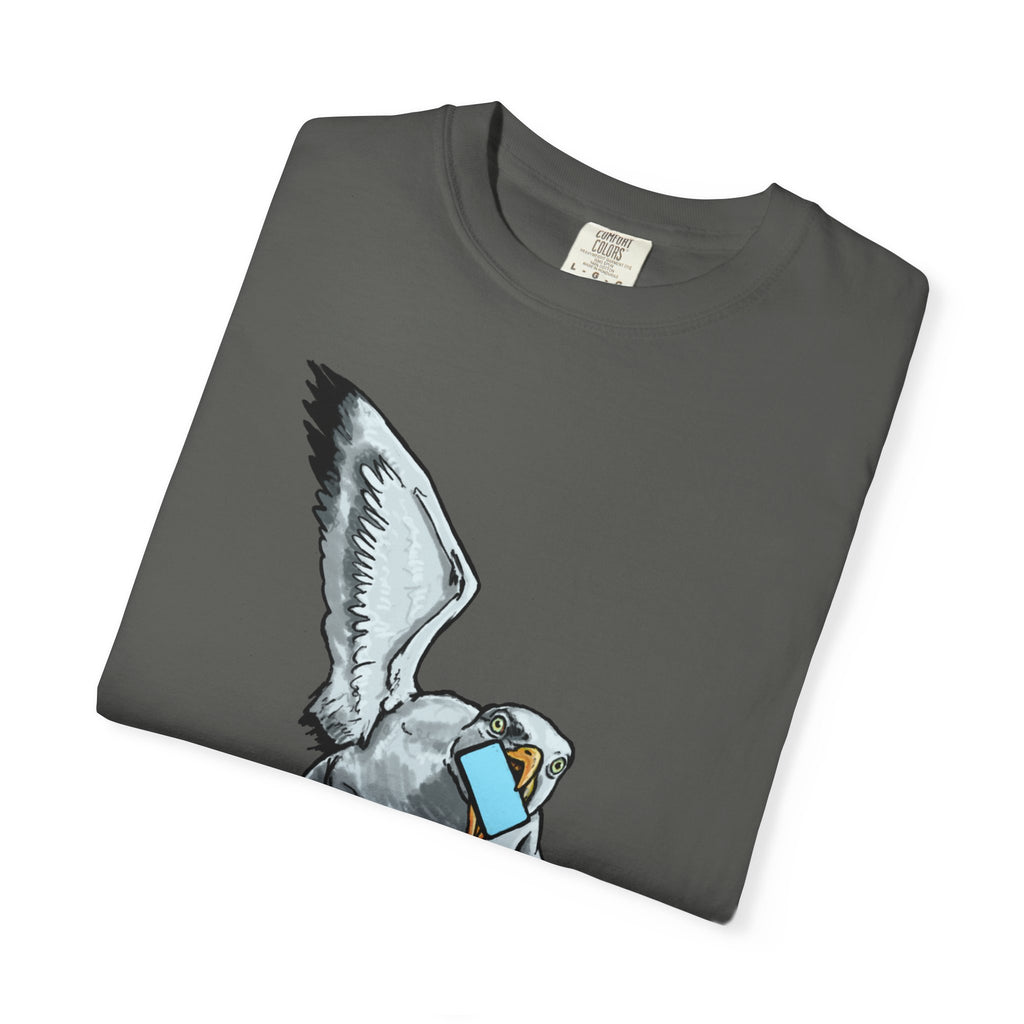 Hand-drawn pizza-stealing seagull monster t-shirt, outstretched wings and purple legs on tee from PizzaBytes collection