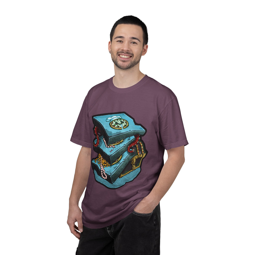 Hand-drawn pizza treasure chest t-shirt with stacked pizza boxes, gold coins, pearls, red octopus tentacles and pirate chest on Comfort Colors tee from PizzaBytes collection
