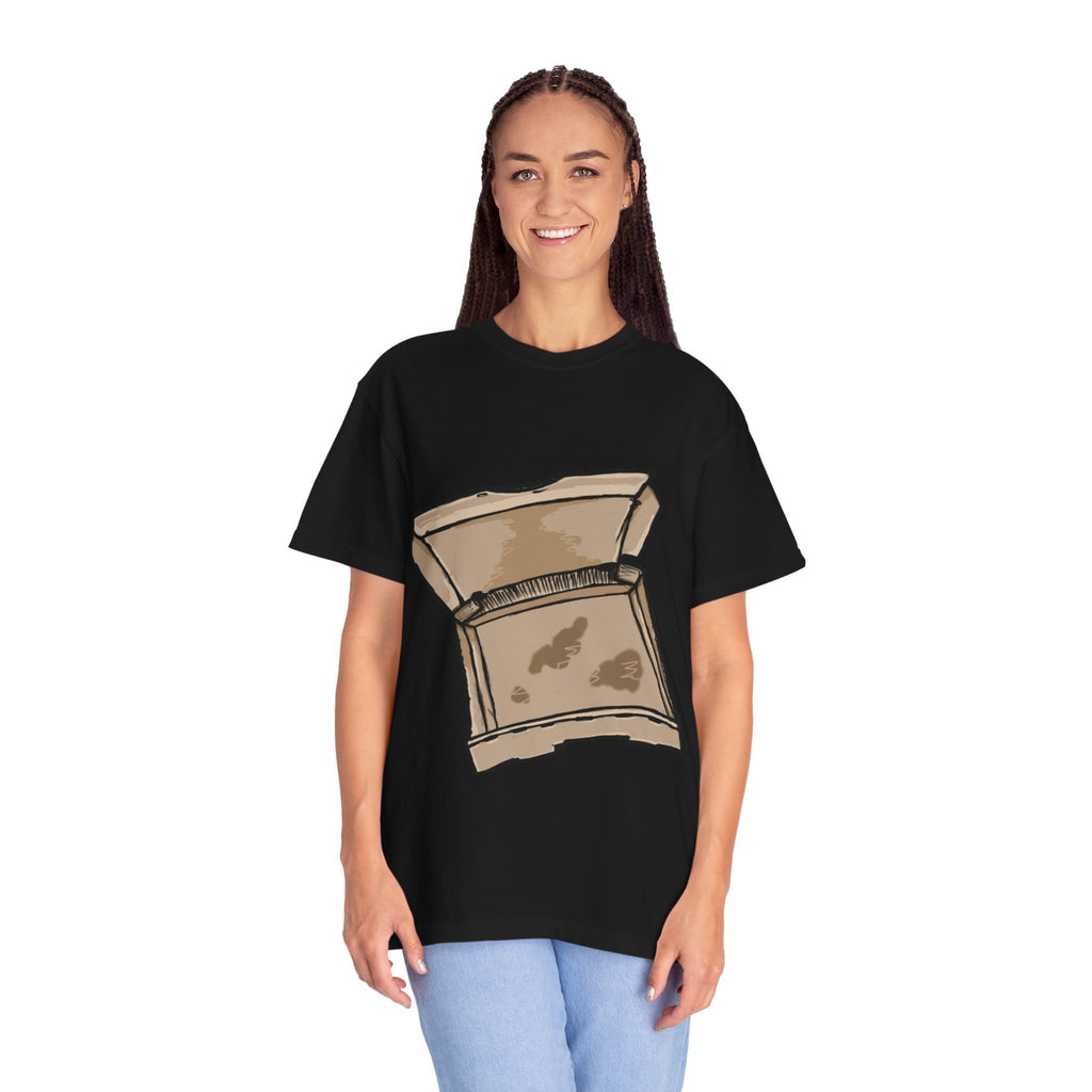 Hand-drawn empty pizza box t-shirt showing open box with grease stains on Comfort tee from PizzaBytes collection
