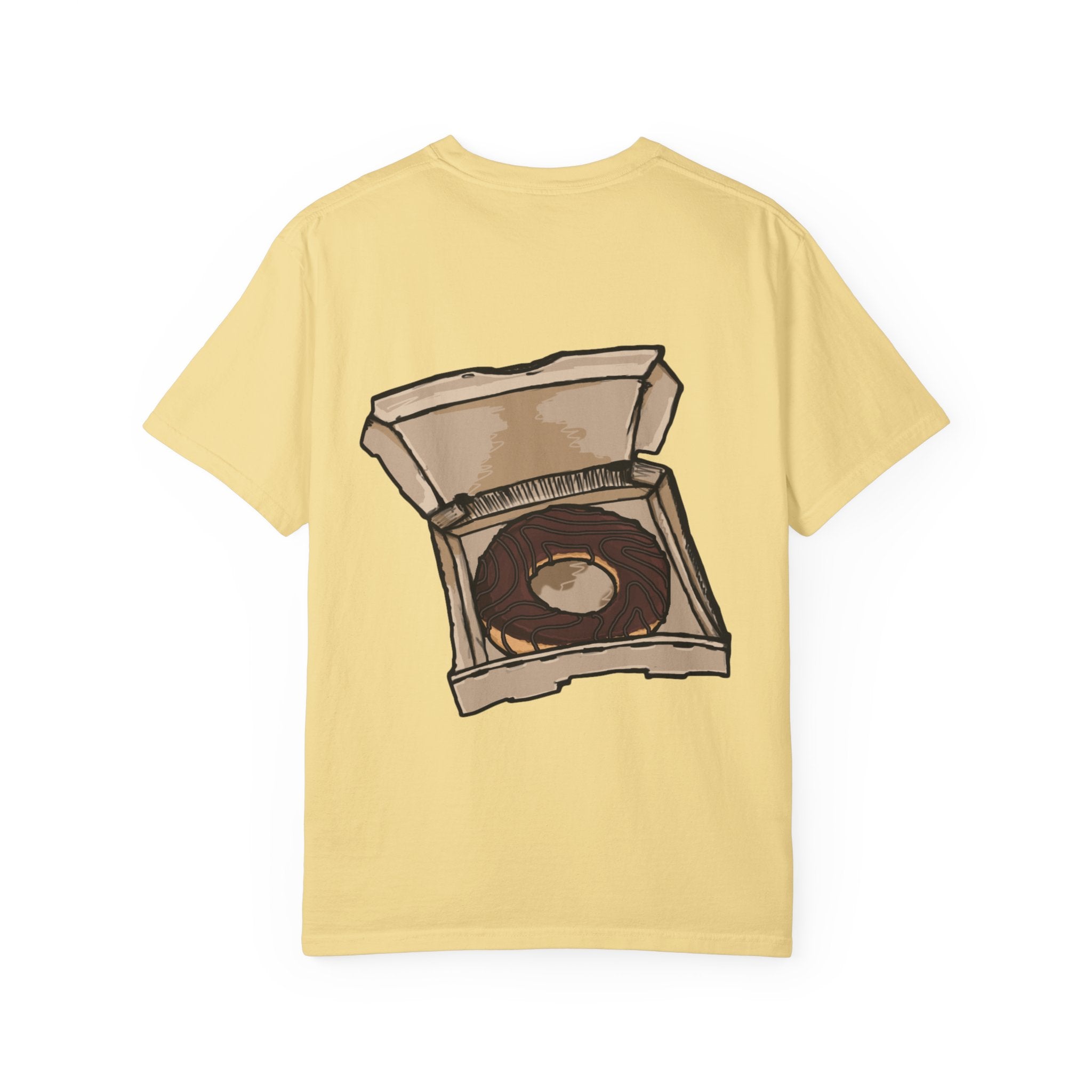 Freaky Features Paranoid Chicken t-shirt, front shows paranoid rooster head, back shows open pizza box with chocolate donut