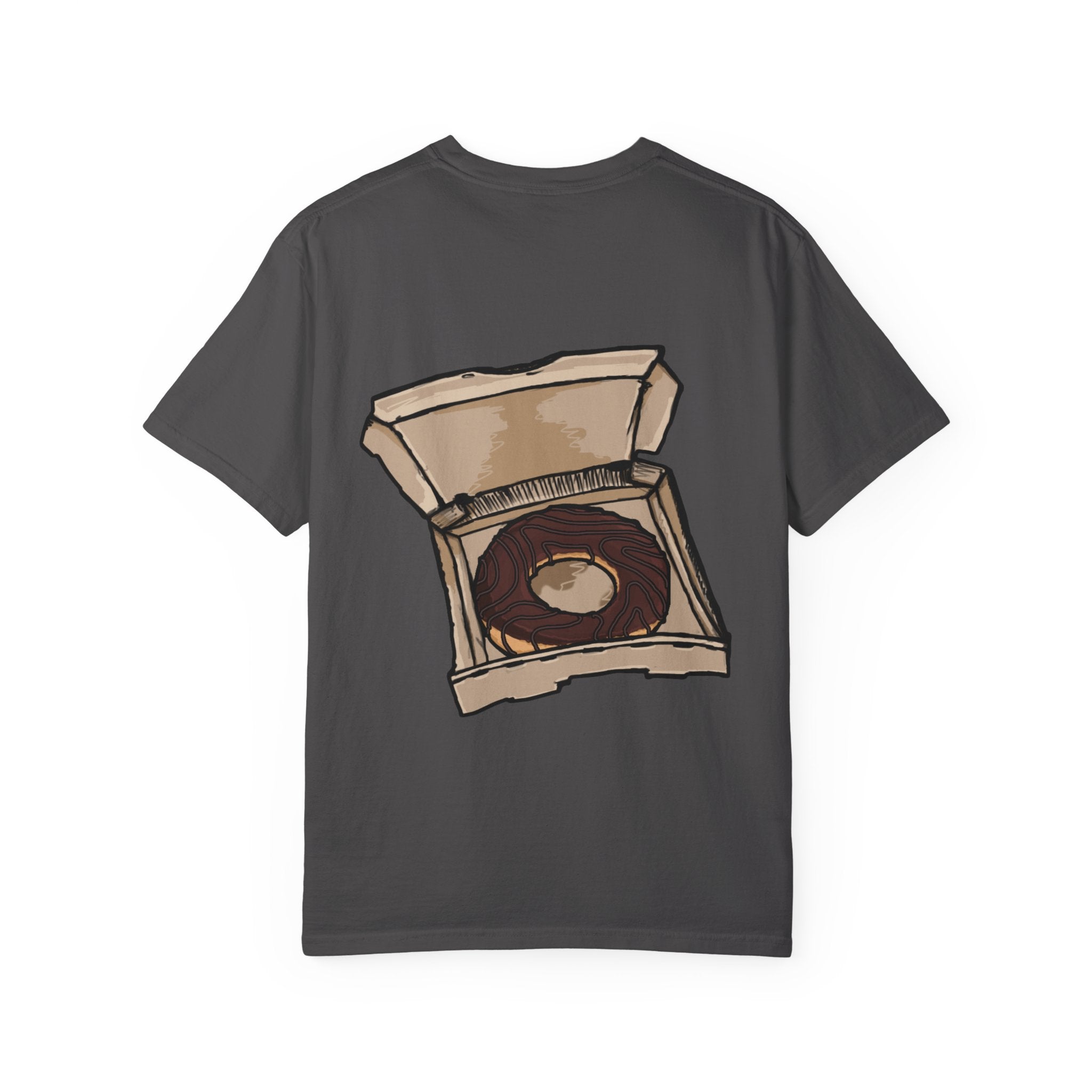 Freaky Features Paranoid Chicken t-shirt, front shows paranoid rooster head, back shows open pizza box with chocolate donut