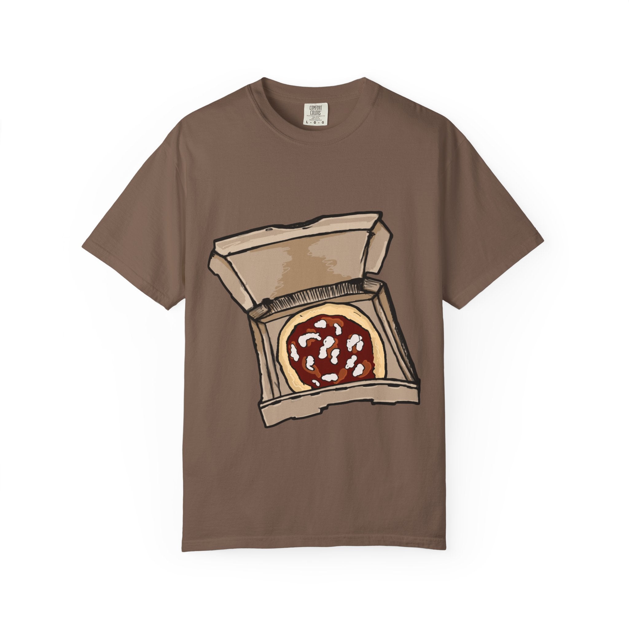 Hand-drawn mozzarella pizza box t-shirt showing open pizza box with red sauce and mozzarella cheese from PizzaBytes collection

