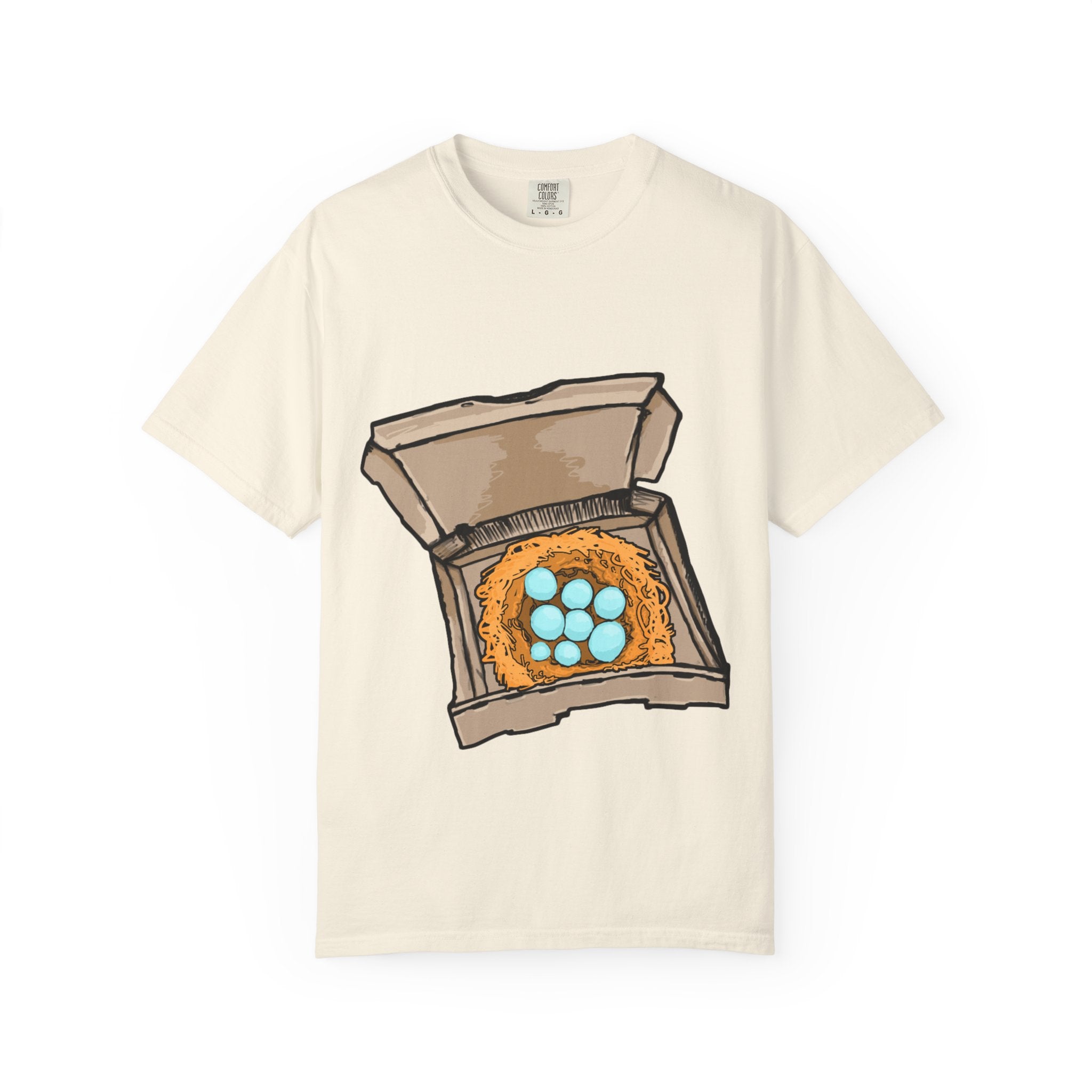 Hand-drawn bird nest pizza box t-shirt showing open pizza box with a straw nest and blue eggs from PizzaBytes collection

