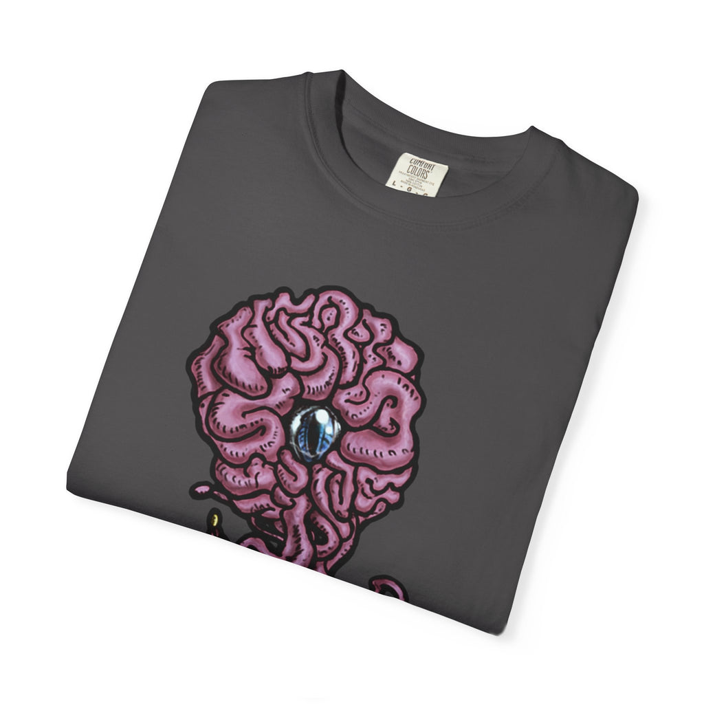 Freaky Features Brian t-shirt, front shows purple brain monster with tentacles, back shows open purple pizza box with a donut inside
