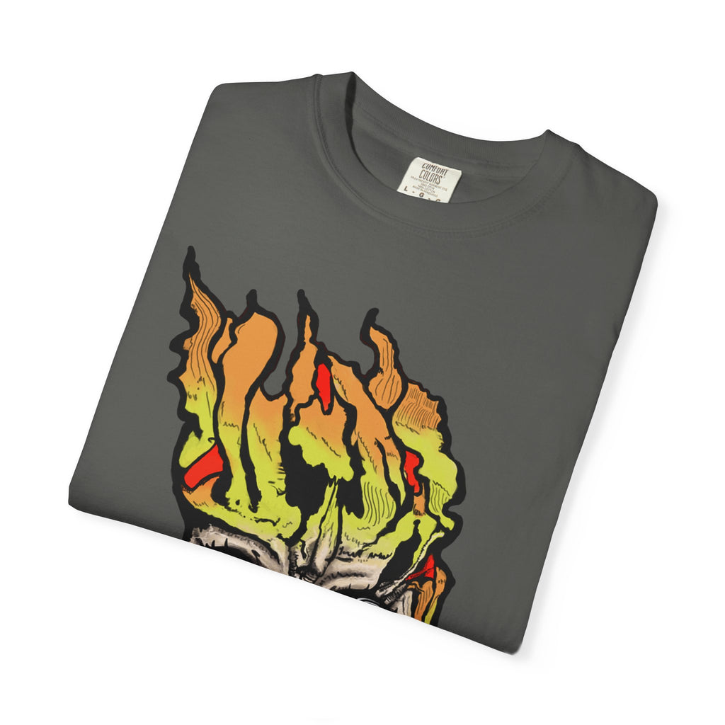 Freaky Features Flaming Skull t-shirt, front shows flaming skull with hypnotic eyes and chili nose, back shows open pizza box with loaded pepperoni pizza
