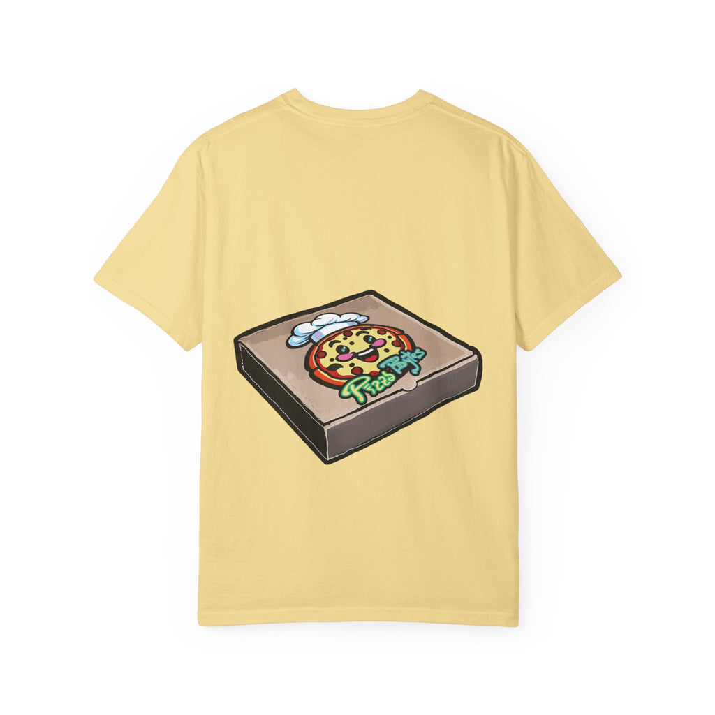 Hand-drawn frisbee pizza box t-shirt showing open pizza box with green frisbee pepperoni pizza from PizzaBytes collection

