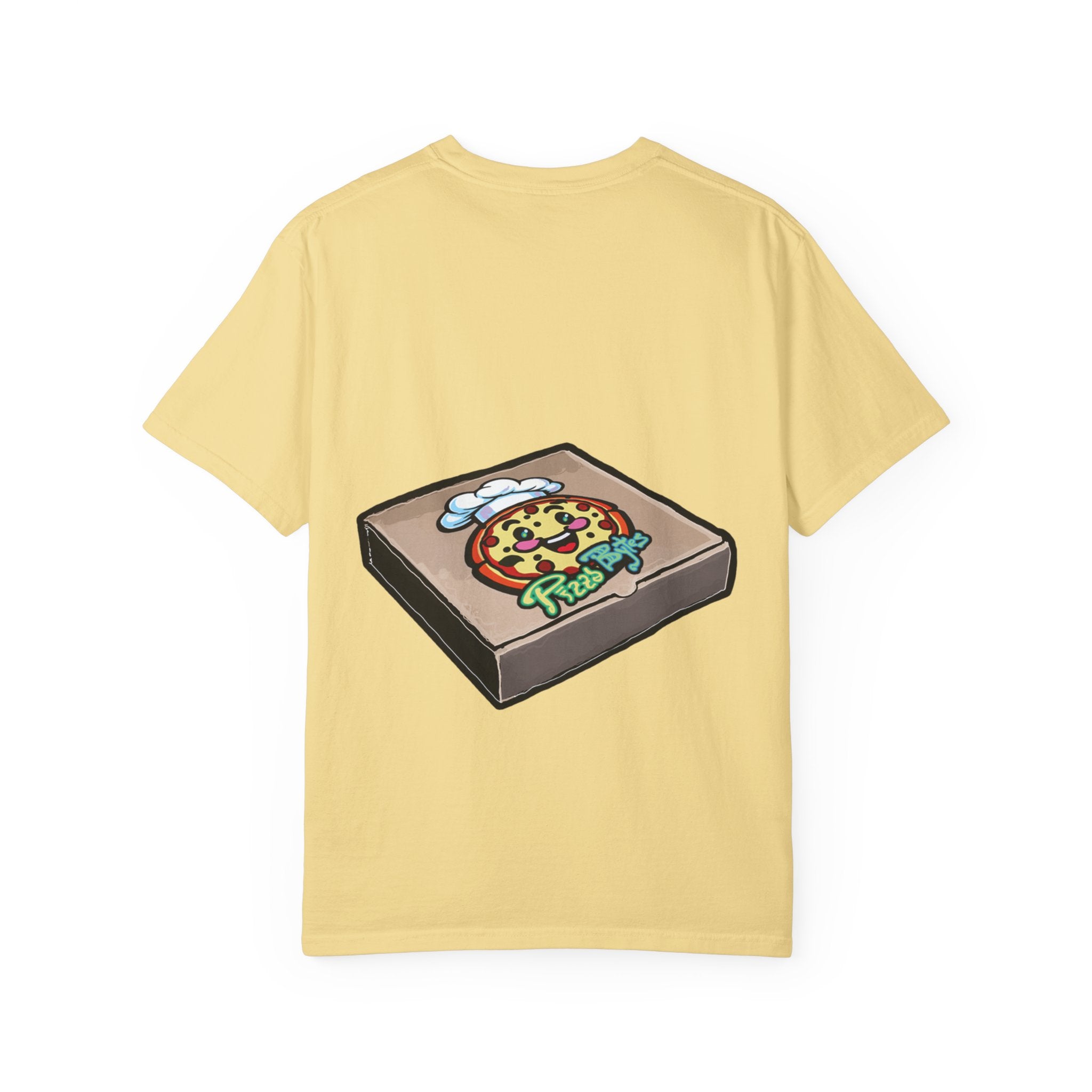 Hand-drawn frisbee pizza box t-shirt showing open pizza box with green frisbee pepperoni pizza from PizzaBytes collection

