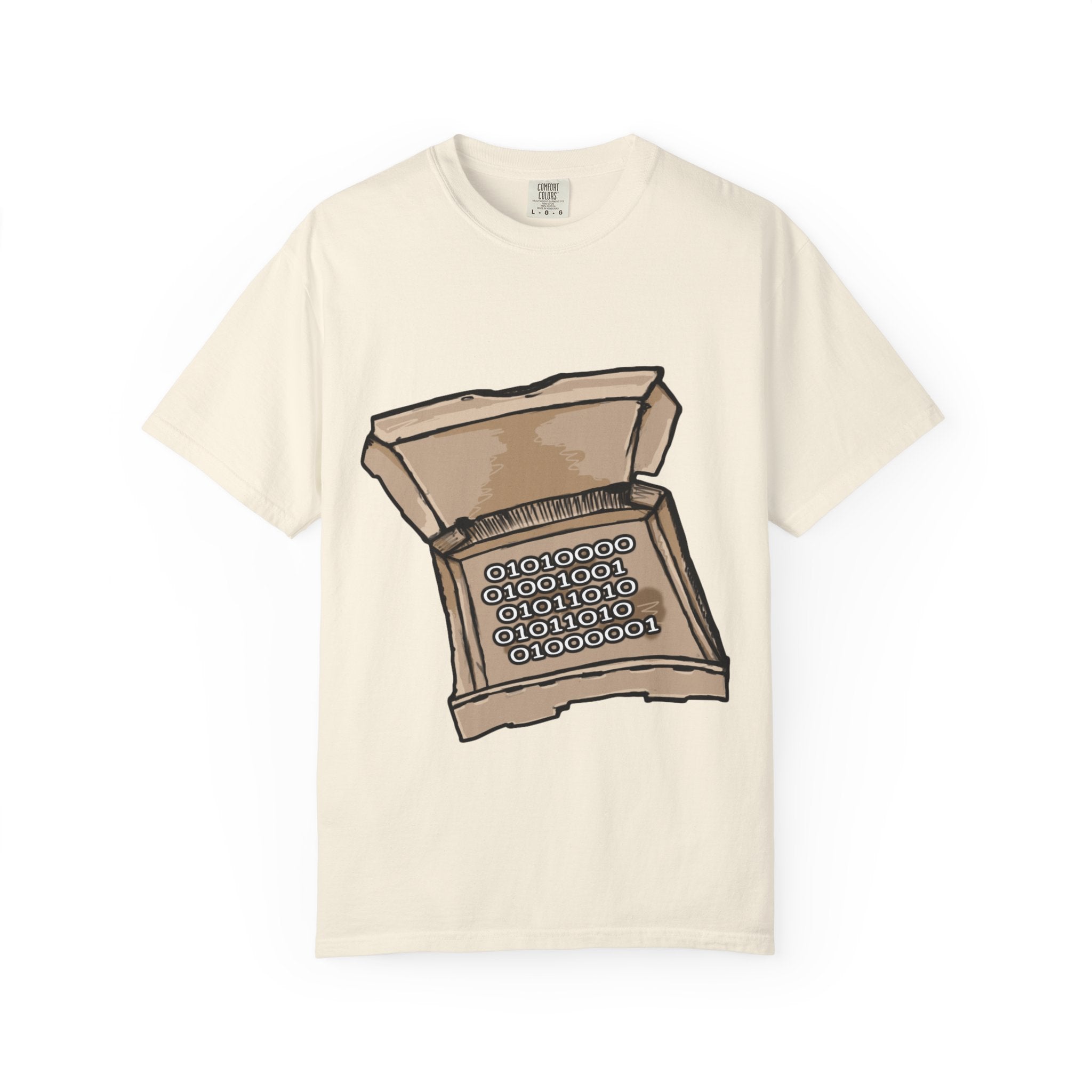 Hand-drawn binary pizza box t-shirt showing open pizza box filled with binary code 010101 from PizzaBytes collection

