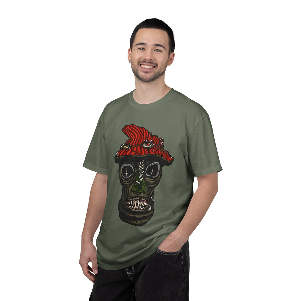 Freaky Features Mushroom Boy t-shirt, front shows grotesque mushroom skull with red cap and multiple eyes, back shows open pizza box with rainbow sprinkle donut
