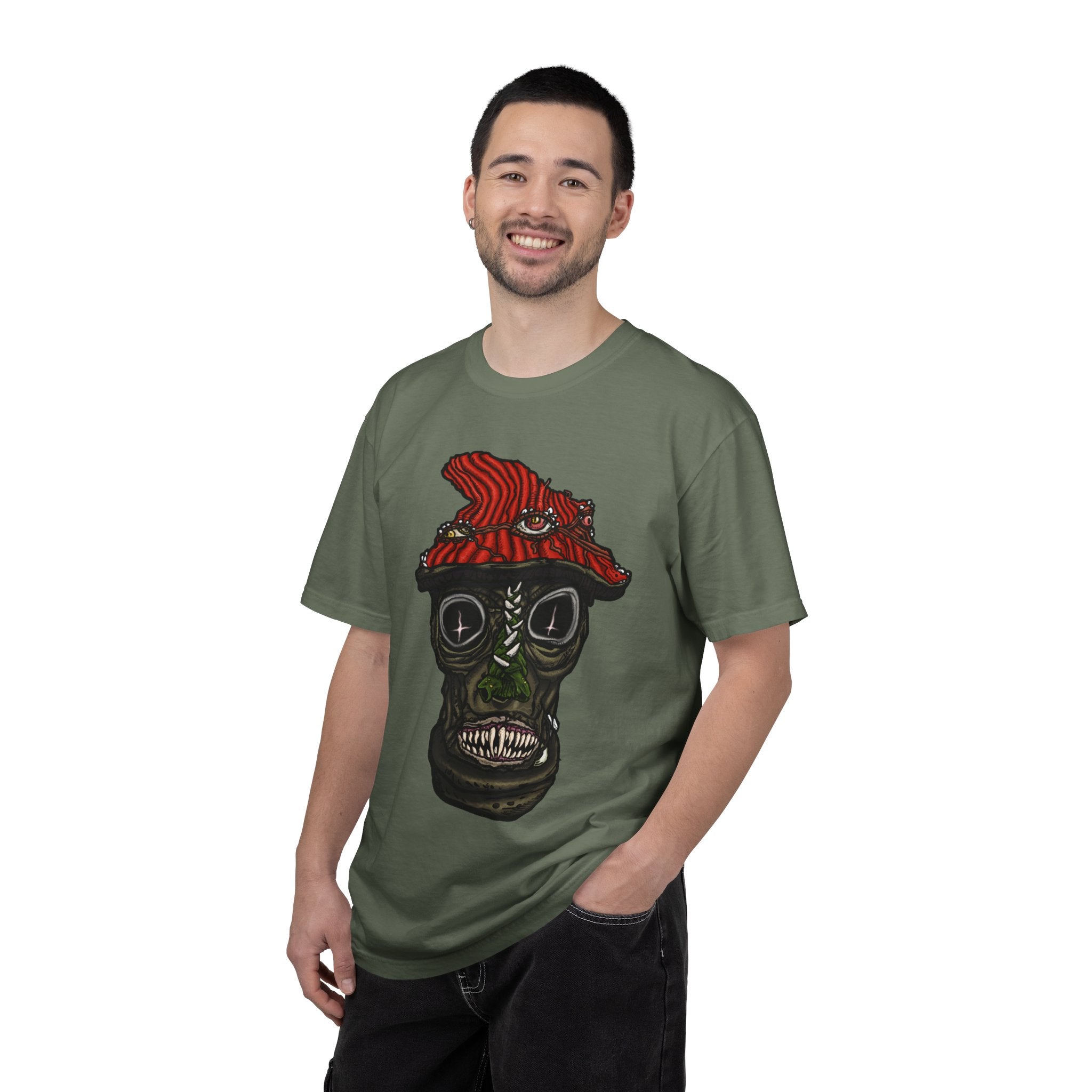 Freaky Features Mushroom Boy t-shirt, front shows grotesque mushroom skull with red cap and multiple eyes, back shows open pizza box with rainbow sprinkle donut
