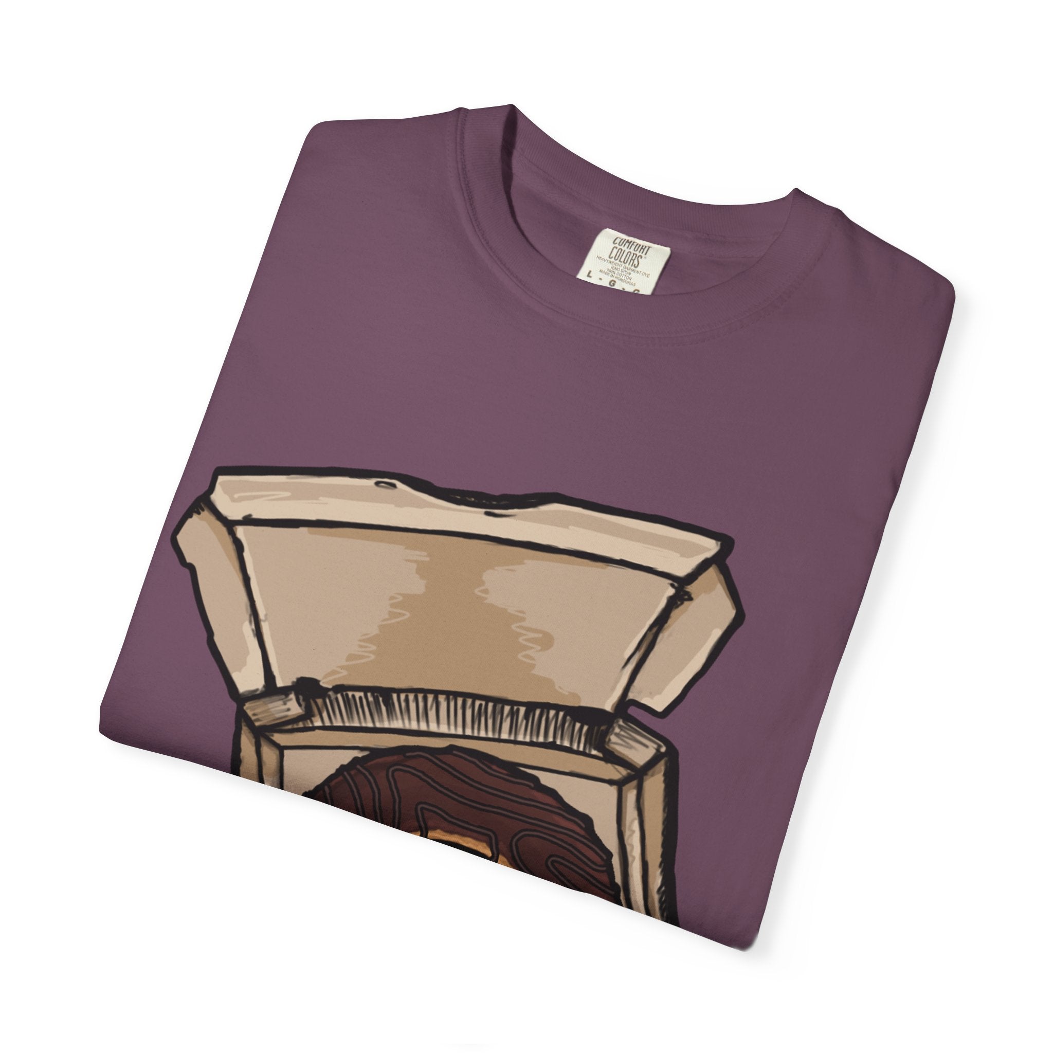 Hand-drawn donut pizza box t-shirt showing open pizza box with chocolate glazed donut from PizzaBytes collection

