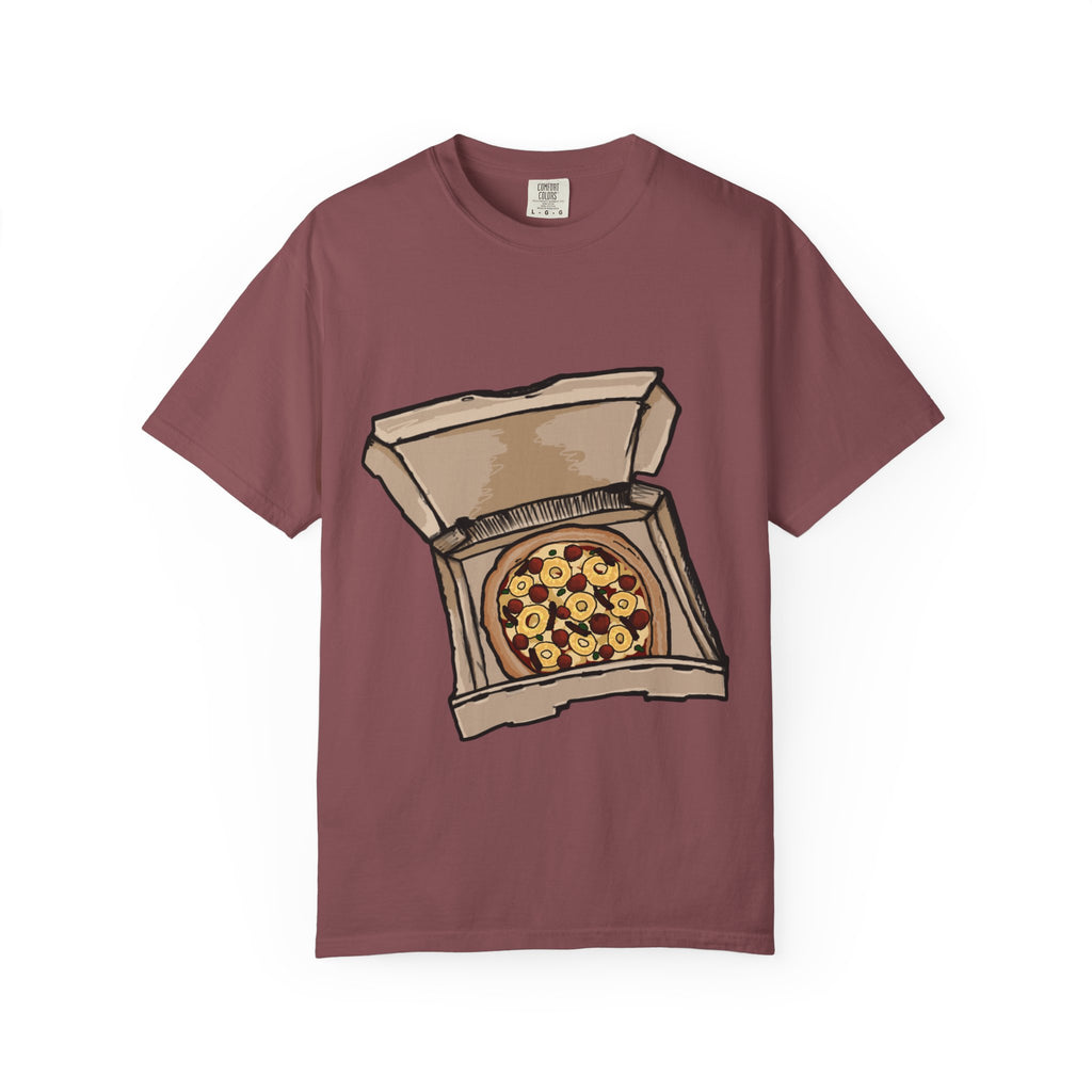 Hand-drawn pepperoni bacon pineapple pizza box t-shirt showing open pizza box with pepperoni, bacon and pineapple pizza from PizzaBytes collection

