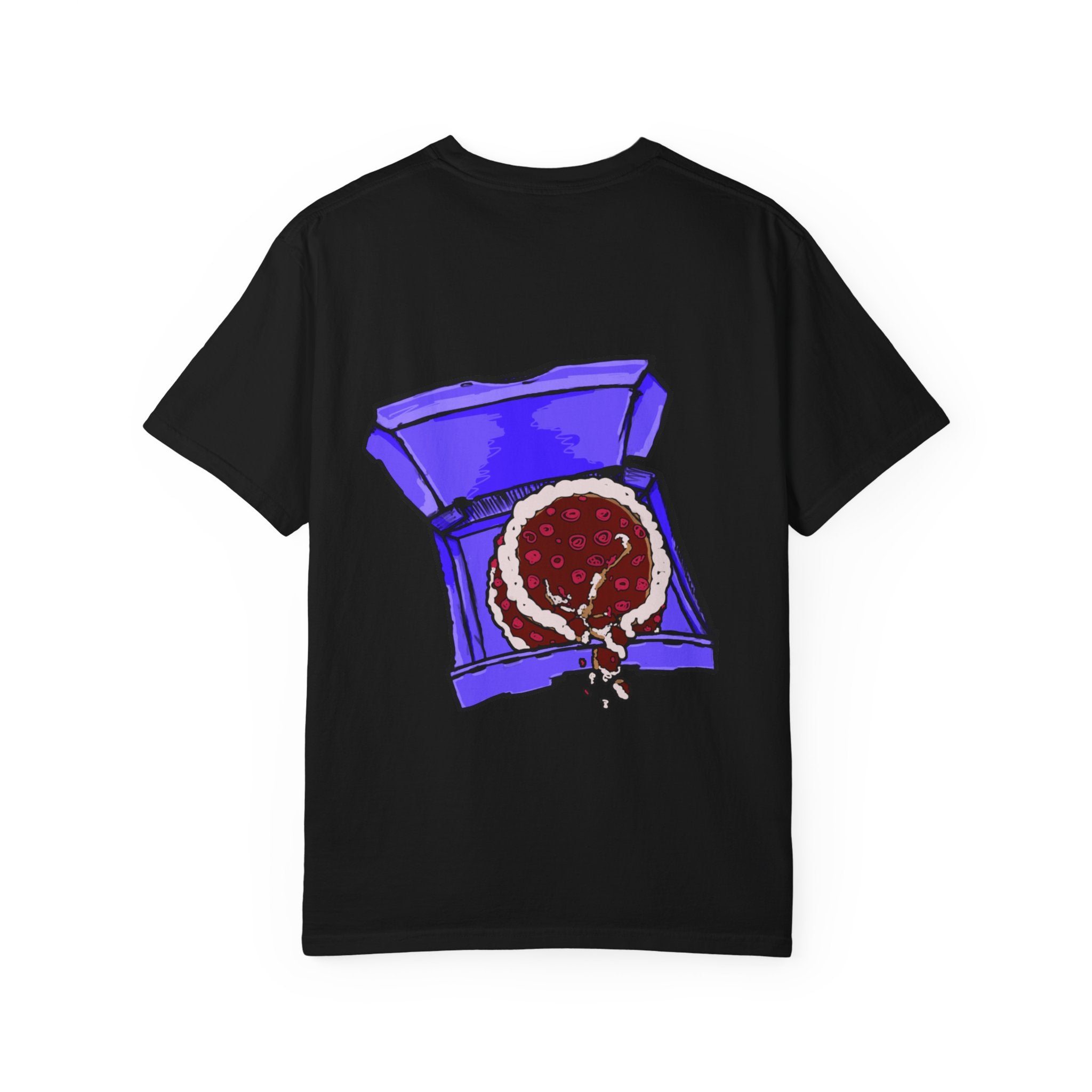 Freaky Features Sad Brian t-shirt, front shows a sad dripping brain monster with tentacles, back shows an open pizza box with half-eaten cake dripping
