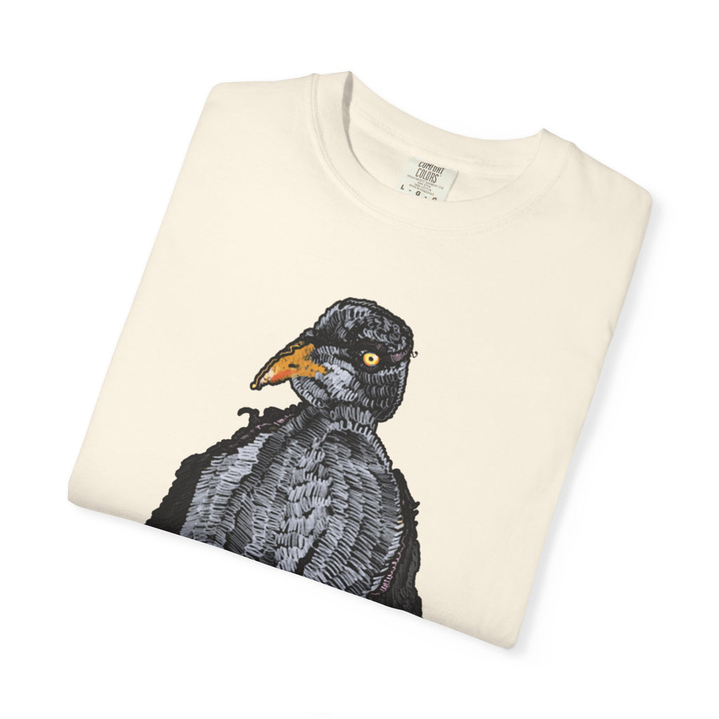 Hand-drawn crocheted staring seagull t-shirt with textured feathers, intense yellow eye and orange legs on Comfort Colors tee from PizzaBytes collection
