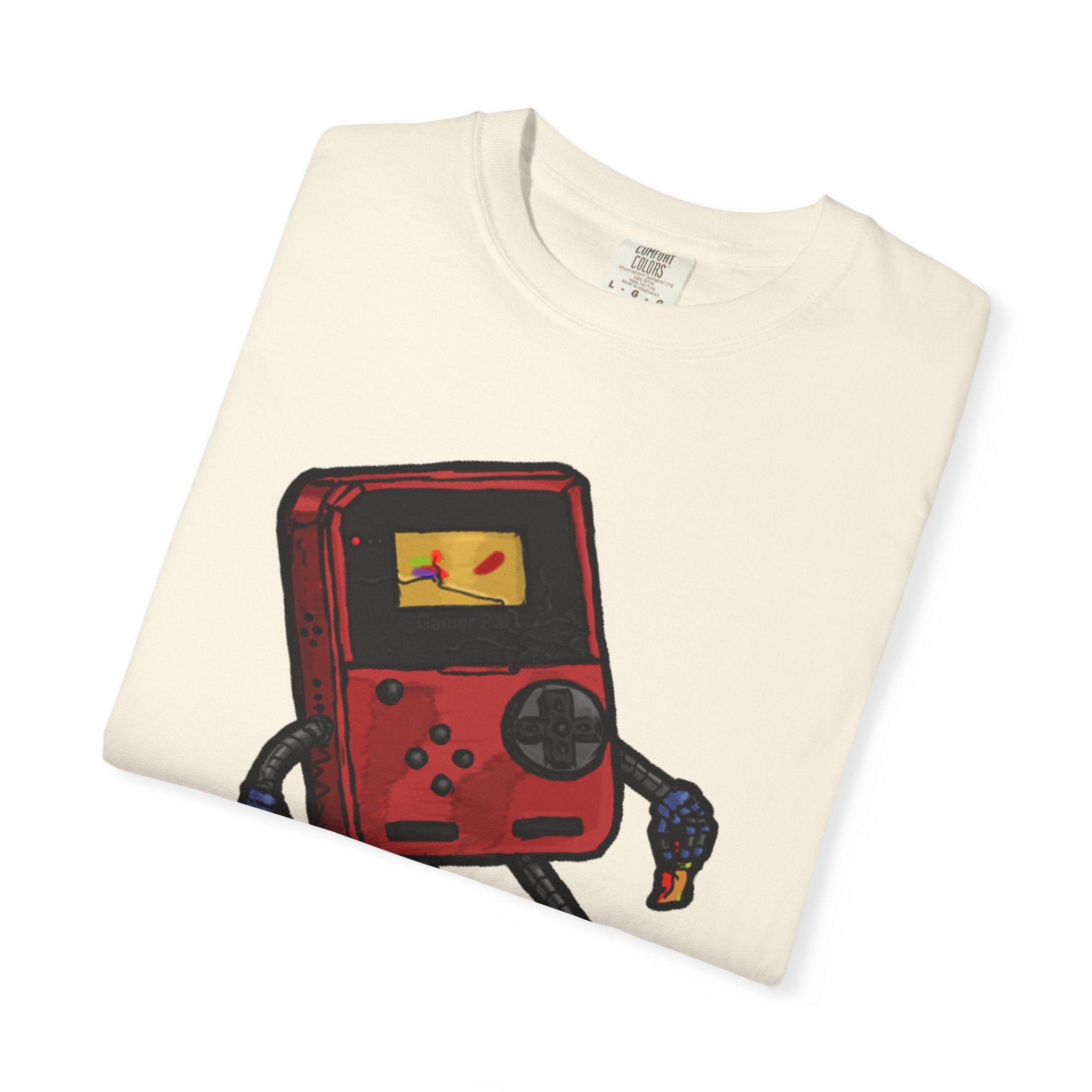 GamerPal t-shirt from Freaky Features showing a red Game Console turned into a walking pizza monster with mechanical limbs on dark gray tee

