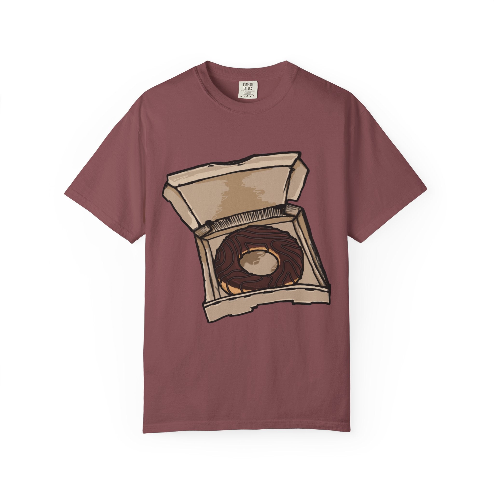 Hand-drawn donut pizza box t-shirt showing open pizza box with chocolate glazed donut from PizzaBytes collection

