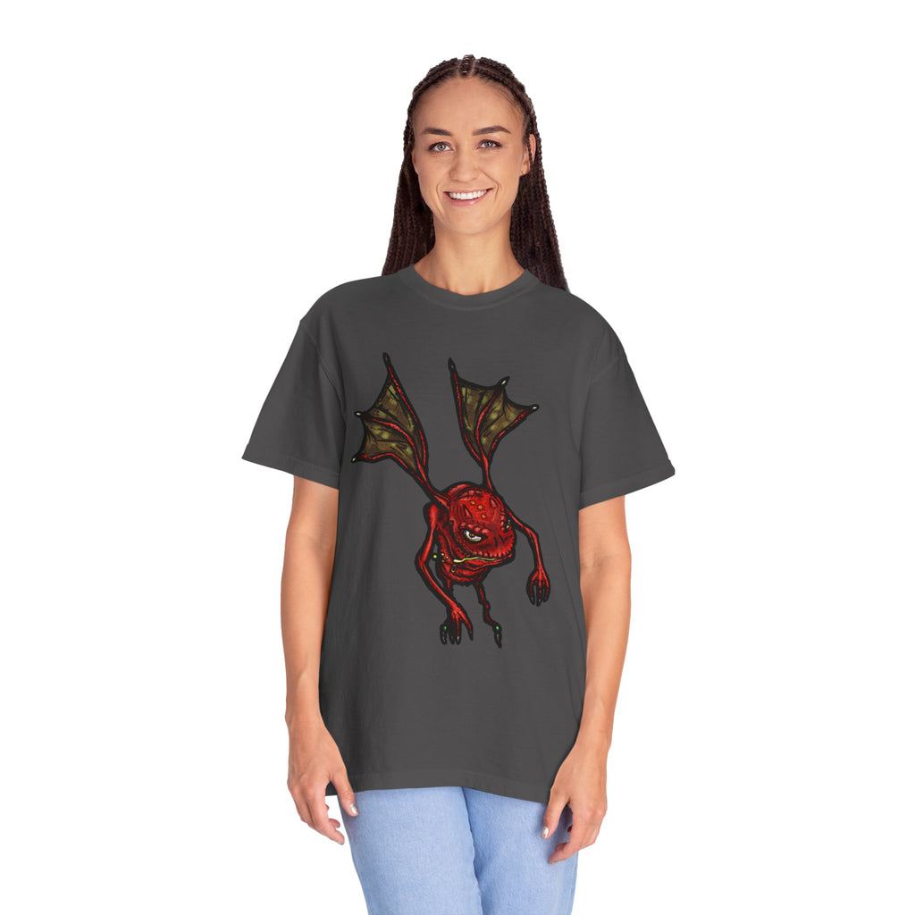 Freaky Features Fire Imp t-shirt, front shows a red bat-winged fire imp, back shows a monster-headed pizza box being raided by little red devils 
