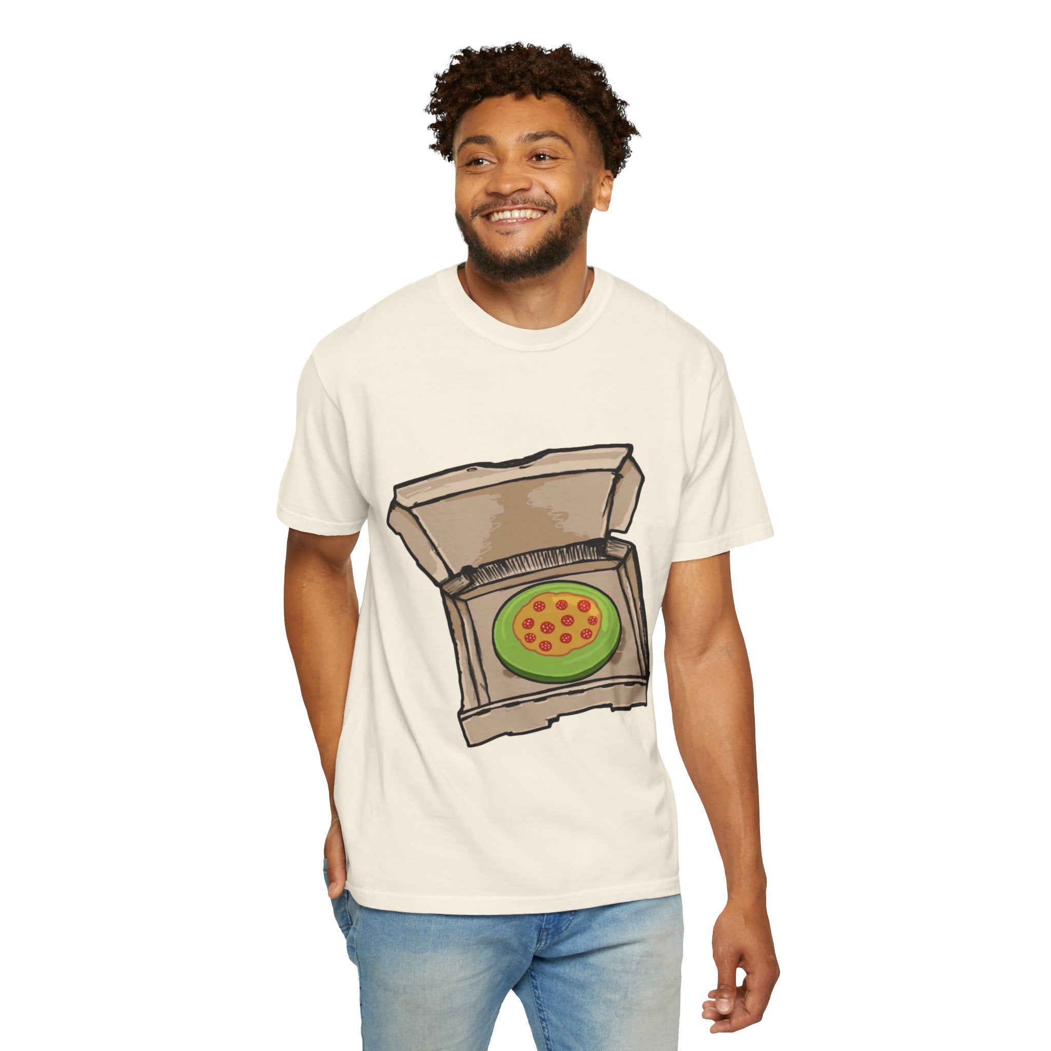 Hand-drawn frisbee pizza box t-shirt showing open pizza box with green frisbee pepperoni pizza from PizzaBytes collection

