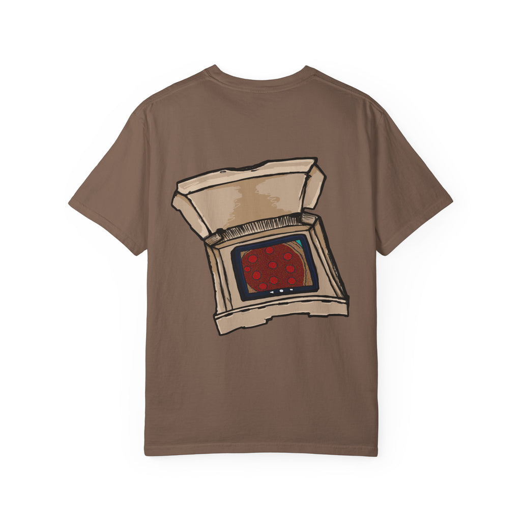 Freaky Features Alien t-shirt, front shows chaotic purple alien tentacles and insect swarm, back shows open pizza box designed as retro TV with pepperoni pizza inside

