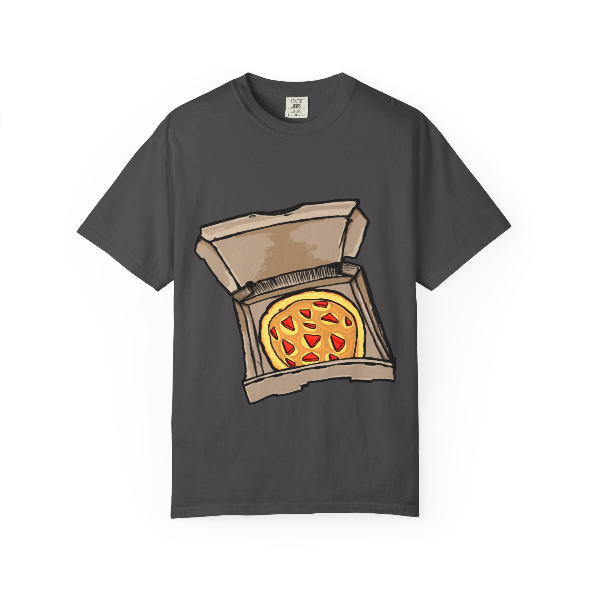 Hand-drawn gold pizza box t-shirt showing open pizza box with gold pizza and red diamond toppings from PizzaBytes collection


