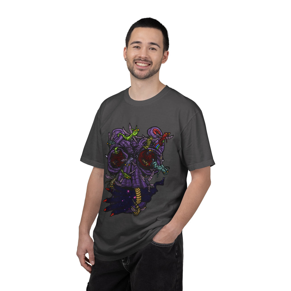 Freaky Features Alien t-shirt, front shows chaotic purple alien tentacles and insect swarm, back shows open pizza box designed as retro TV with pepperoni pizza inside

