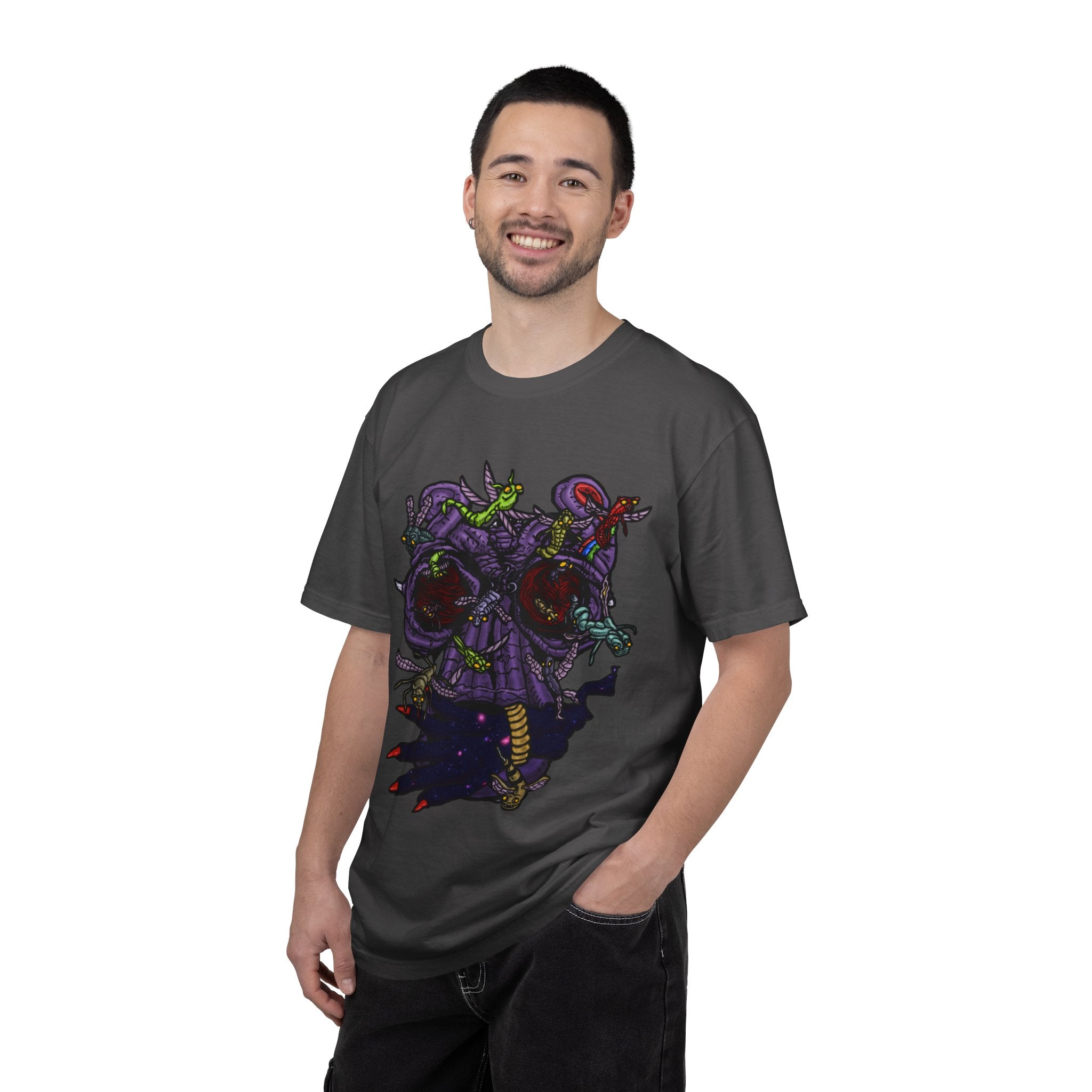 Freaky Features Alien t-shirt, front shows chaotic purple alien tentacles and insect swarm, back shows open pizza box designed as retro TV with pepperoni pizza inside

