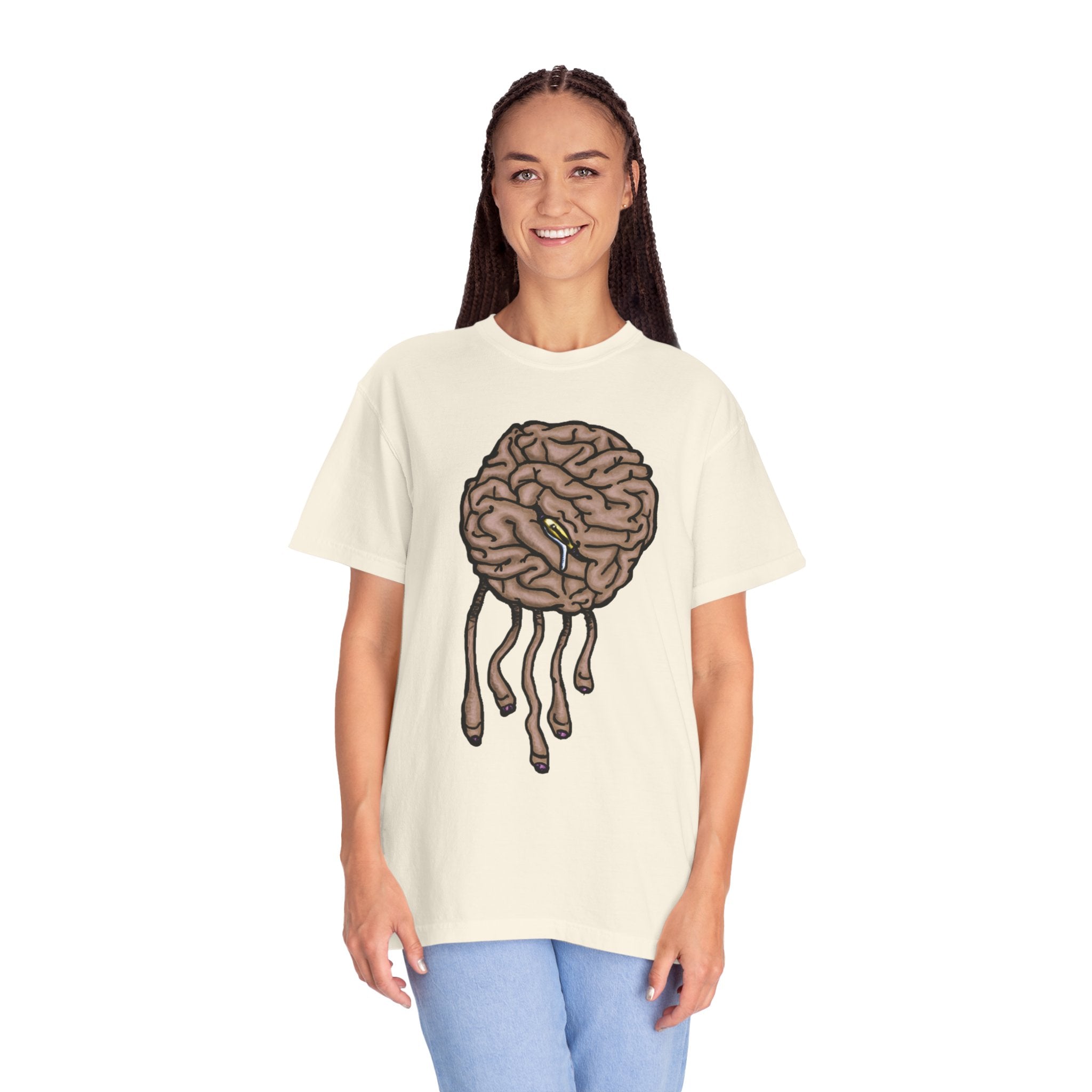 Freaky Features Sad Brian t-shirt, front shows a sad dripping brain monster with tentacles, back shows an open pizza box with half-eaten cake dripping


