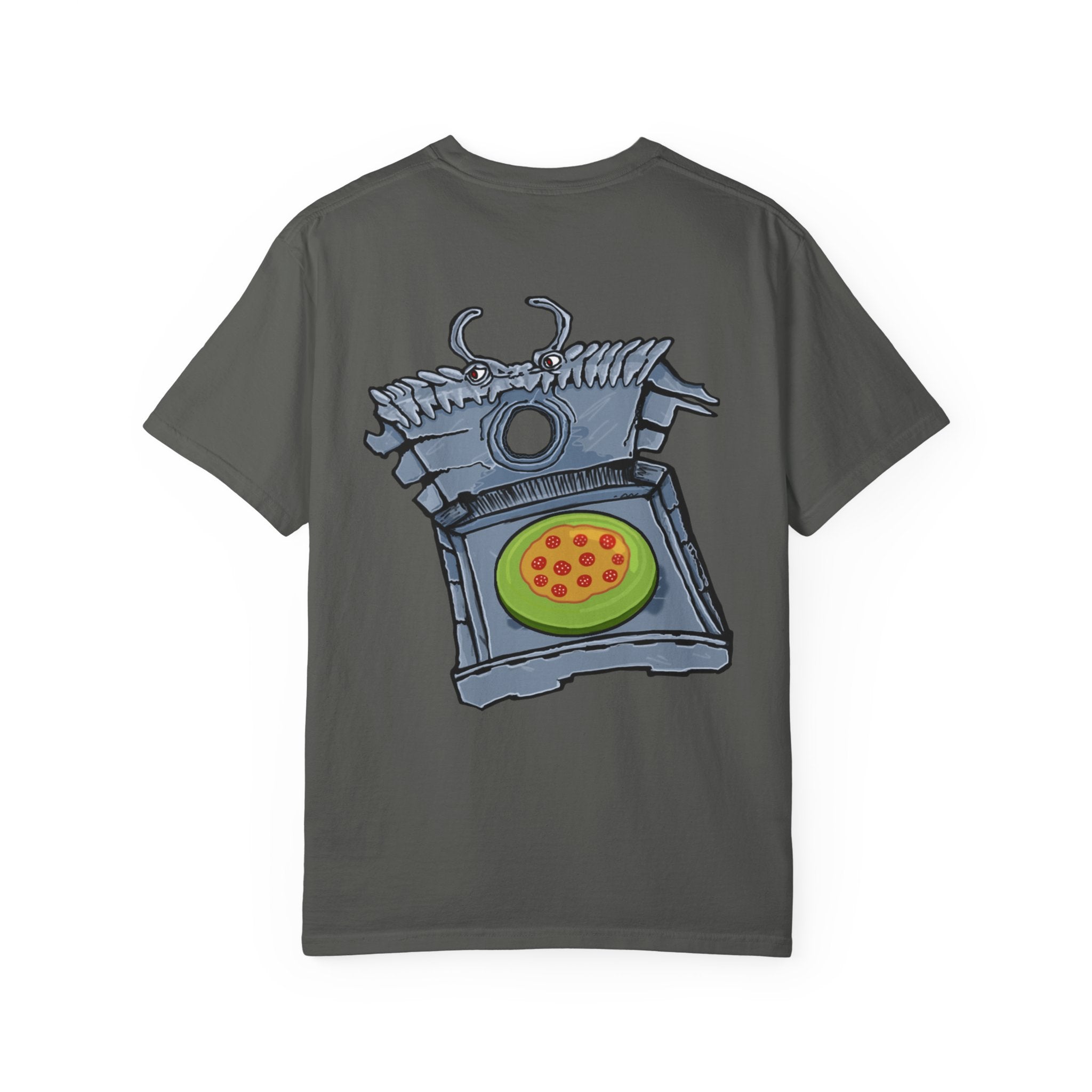 Freaky Features Franky t-shirt, front shows Frankenstein-style monster head with cucumber eyes and poison vial nose, back shows monster-headed pizza box with green pizza frisbee