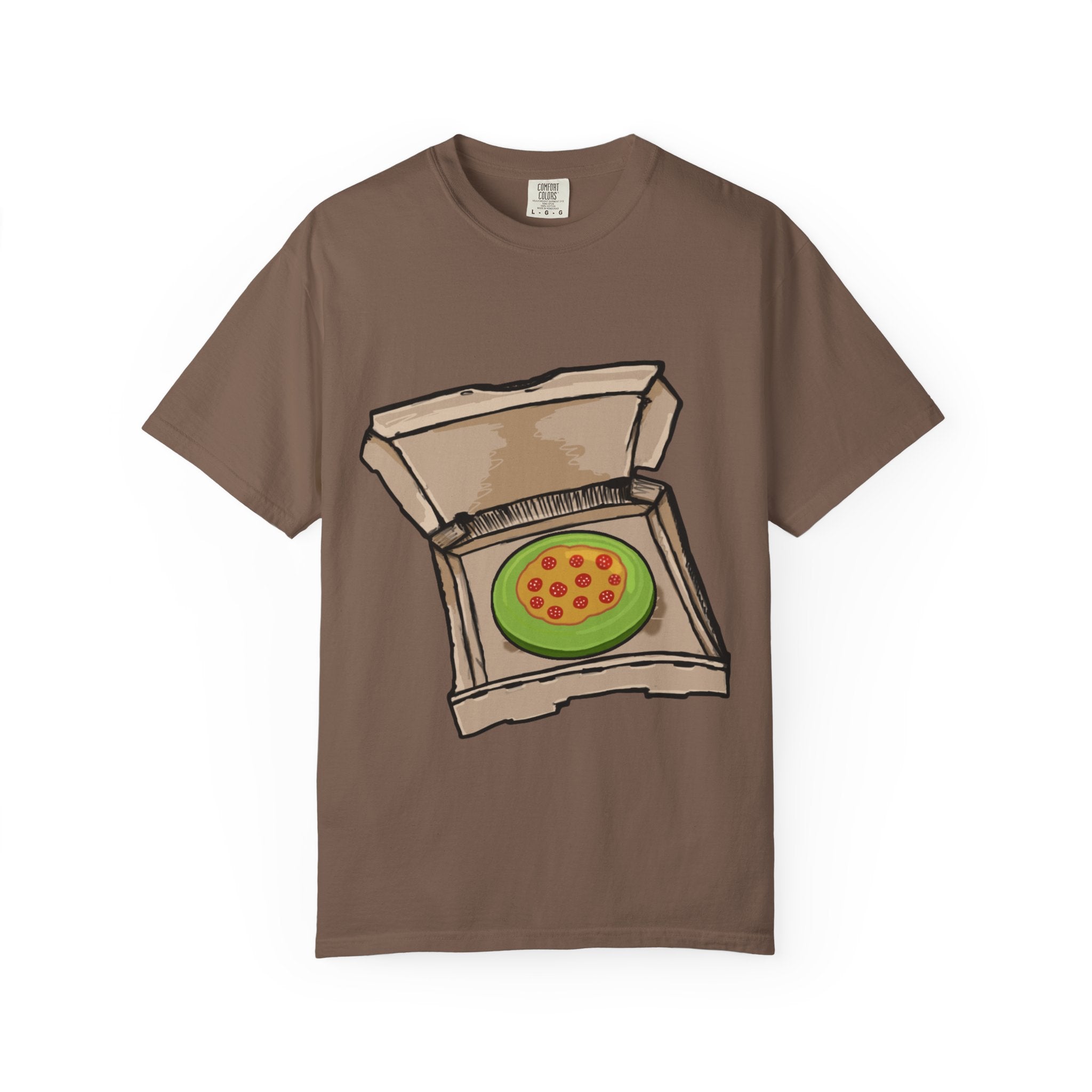 Hand-drawn frisbee pizza box t-shirt showing open pizza box with green frisbee pepperoni pizza from PizzaBytes collection

