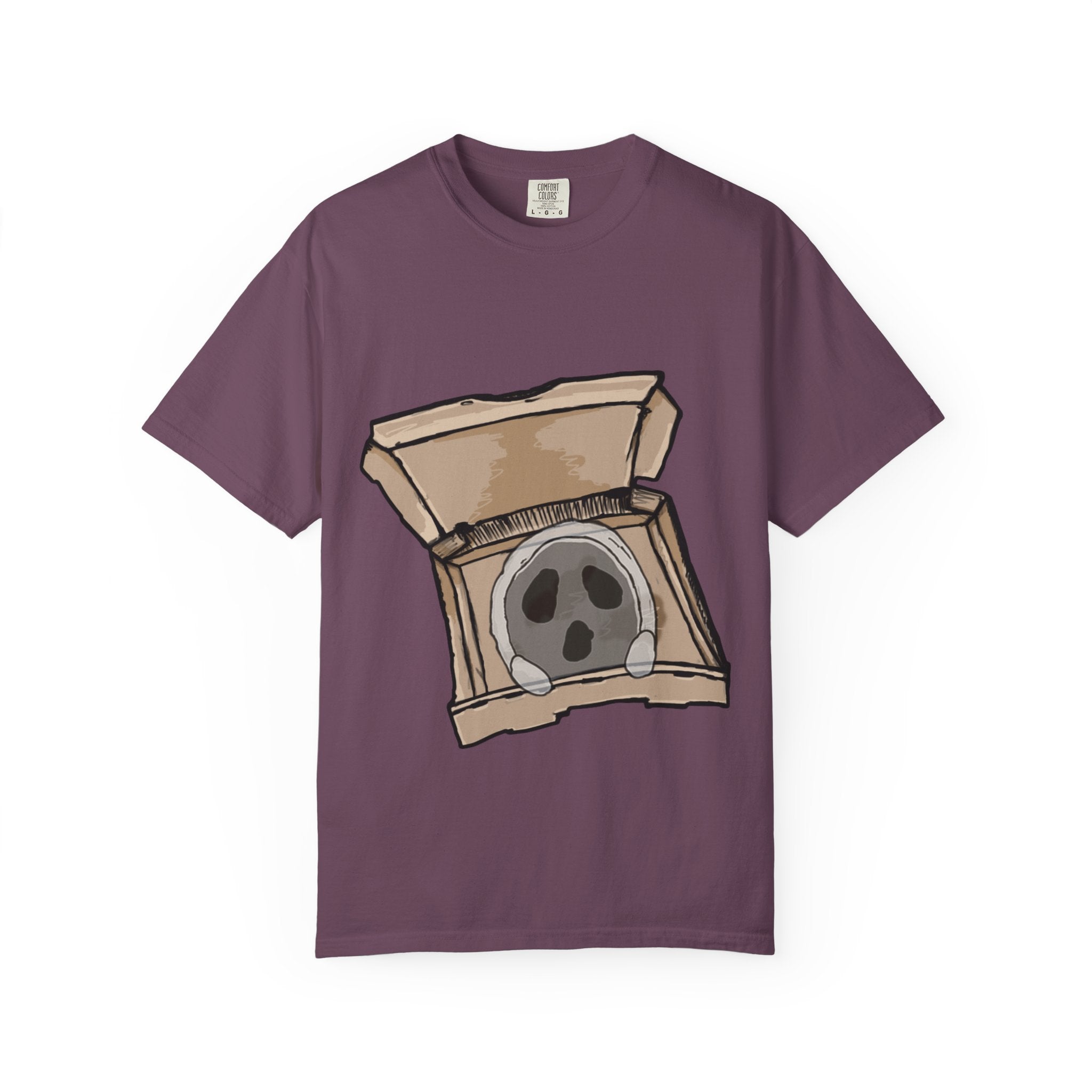 Hand-drawn ghost pizza box t-shirt showing open pizza box with a spooky ghost inside from PizzaBytes collection


