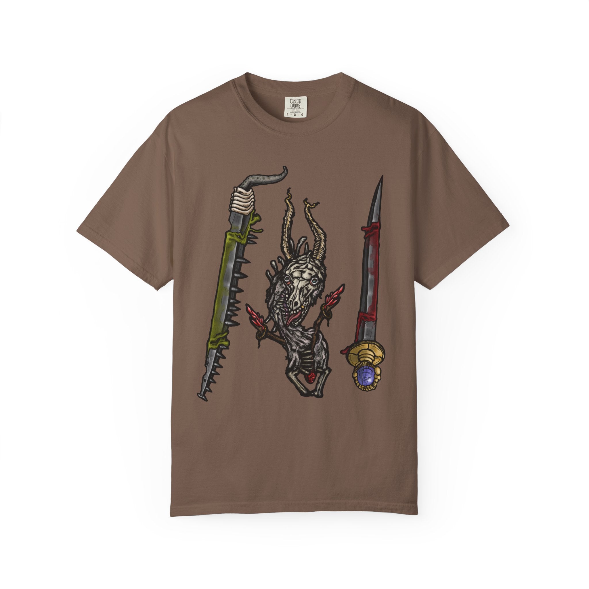 Hand-drawn Item Selection #2 t-shirt from Freaky Features showing a reptilian monster holding a chainsaw sword, bloody dagger and twisted staff on cream tee

