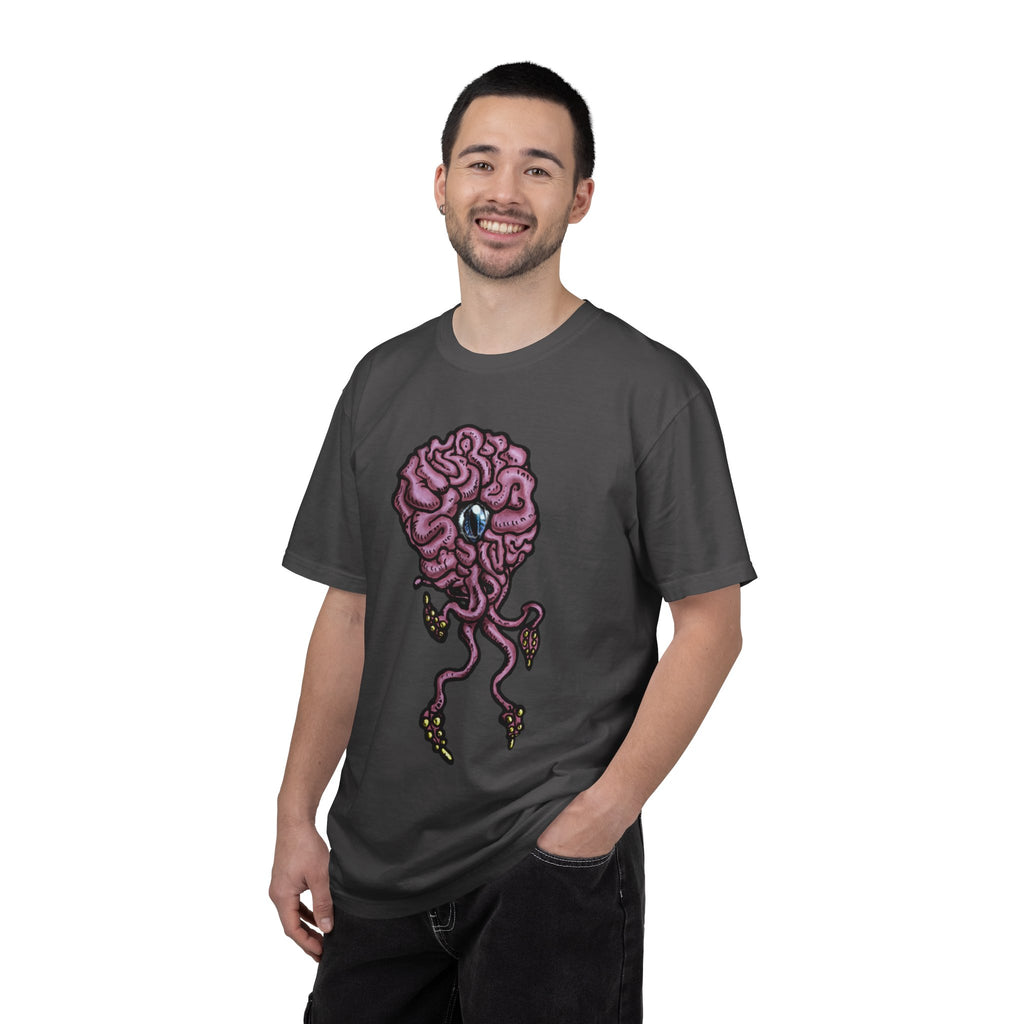 Freaky Features Brian t-shirt, front shows purple brain monster with tentacles, back shows open purple pizza box with a donut inside