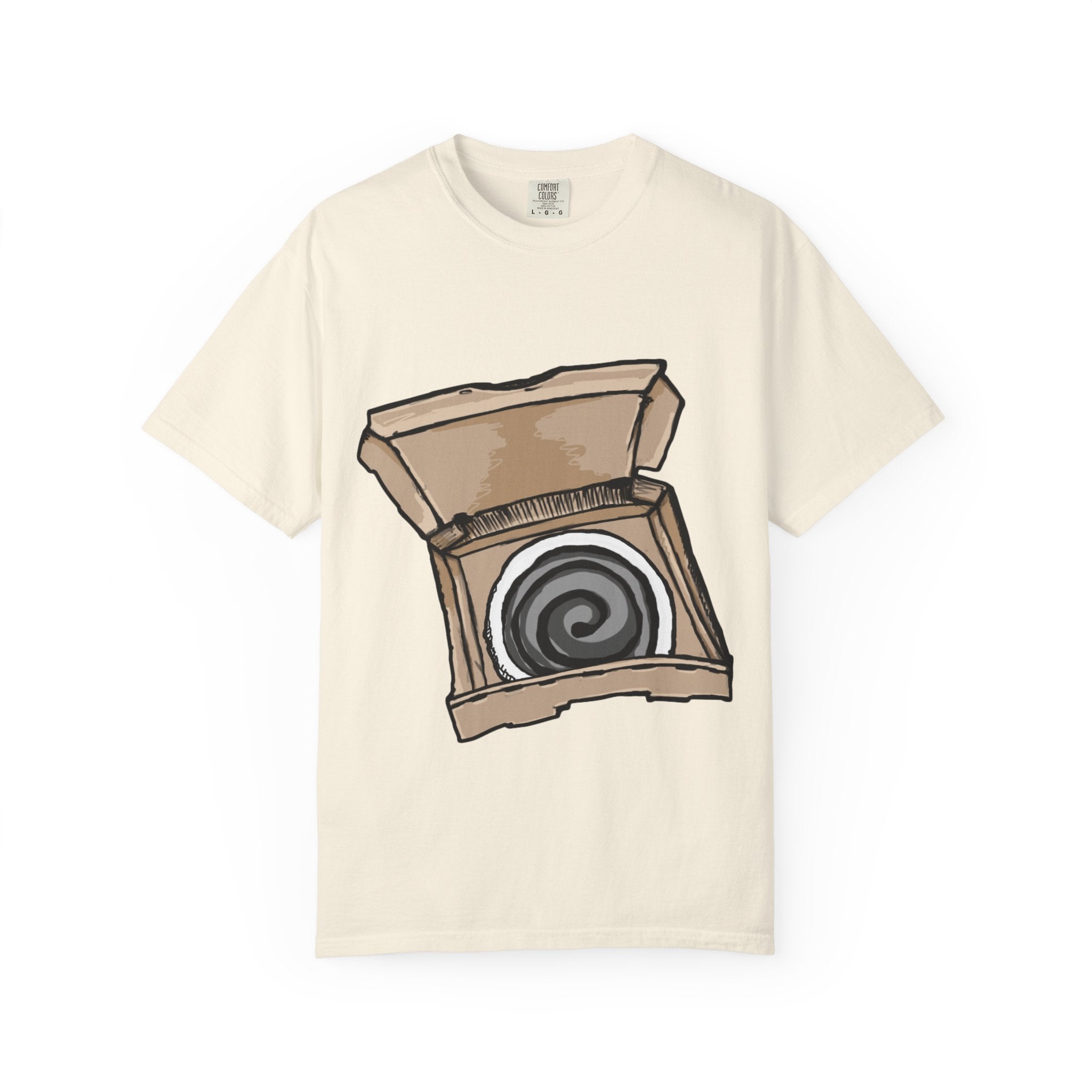 Hand-drawn swirl hypno pizza box t-shirt showing open pizza box with hypnotic spiral pattern from PizzaBytes collection

