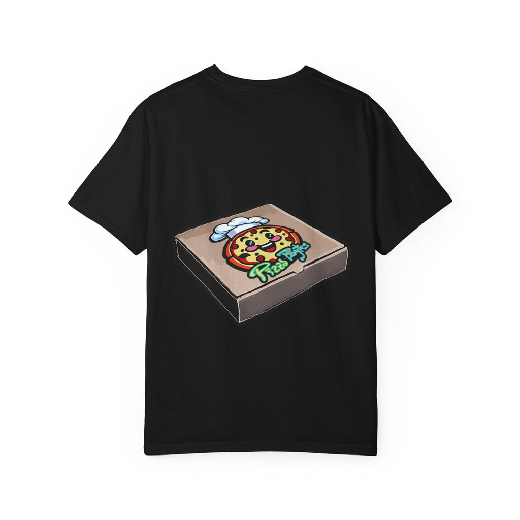 Hand-drawn toxic pizza stack t-shirt with glowing green pizza character and slimy tentacle on tee from PizzaBytes collection