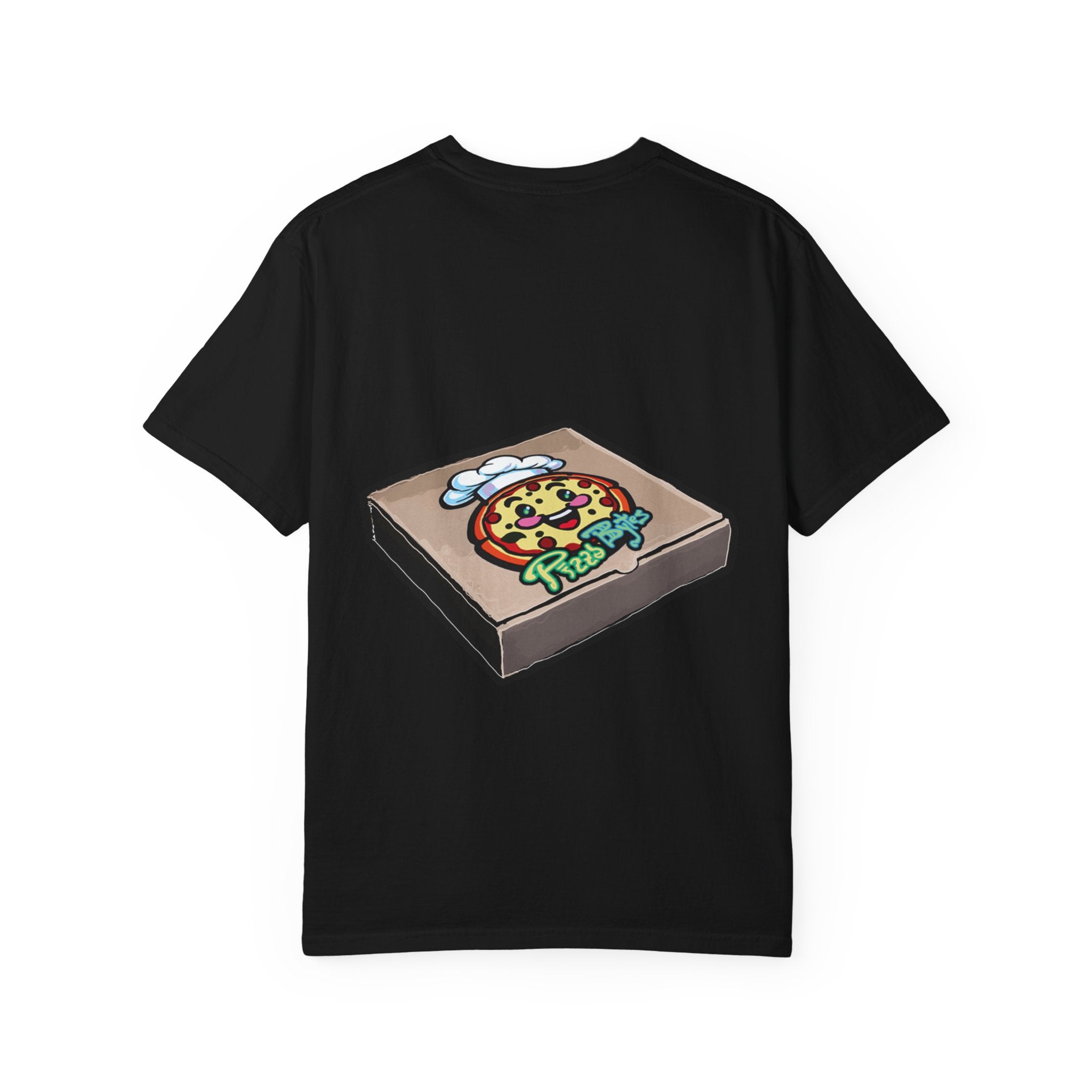 Hand-drawn toxic pizza stack t-shirt with glowing green pizza character and slimy tentacle on tee from PizzaBytes collection
