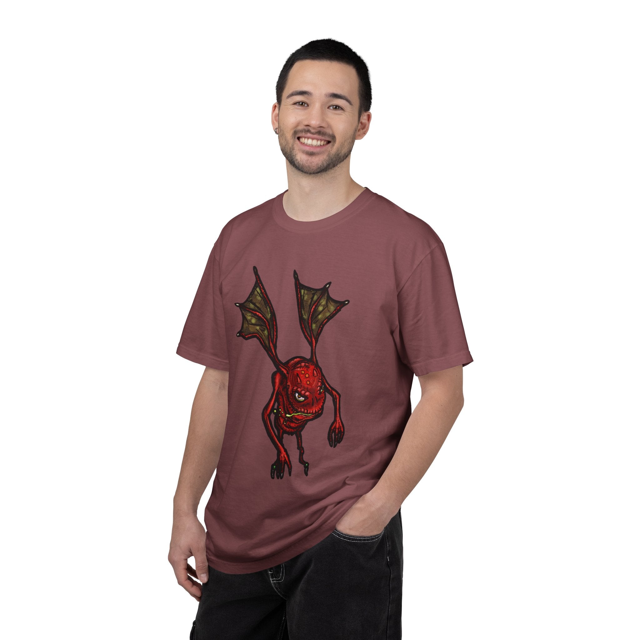 Freaky Features Fire Imp t-shirt, front shows a red bat-winged fire imp, back shows a monster-headed pizza box being raided by little red devils 
