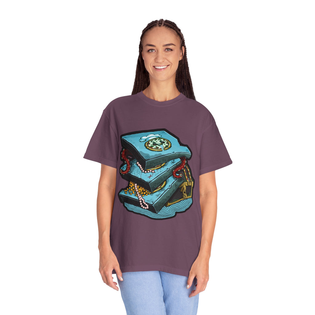 Hand-drawn pizza treasure chest t-shirt with stacked pizza boxes, gold coins, pearls, red octopus tentacles and pirate chest on Comfort Colors tee from PizzaBytes collection
