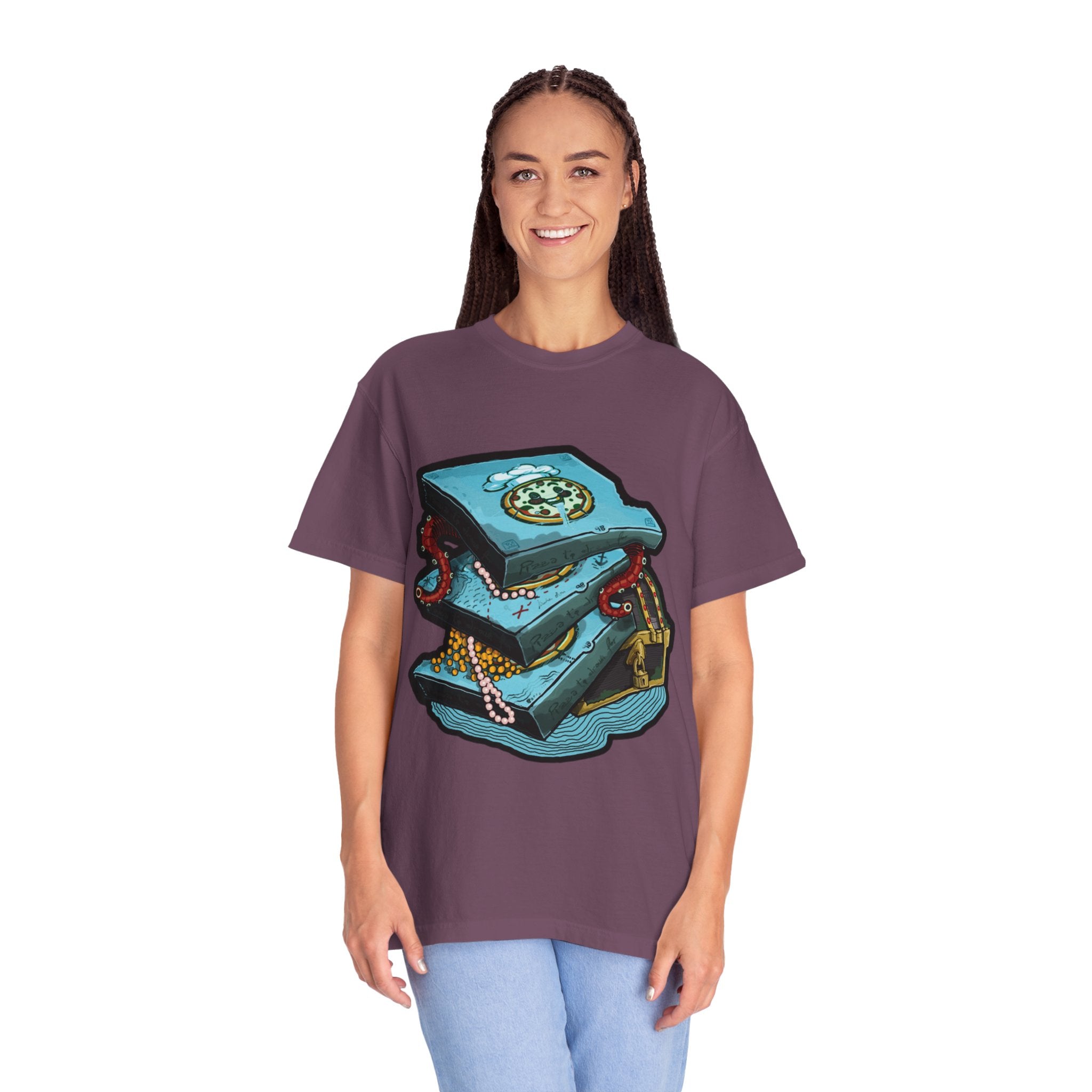 Hand-drawn pizza treasure chest t-shirt with stacked pizza boxes, gold coins, pearls, red octopus tentacles and pirate chest on Comfort Colors tee from PizzaBytes collection