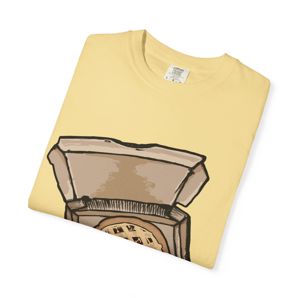 Hand-drawn cherry pie pizza box t-shirt showing open pizza box with lattice-top cherry pie from PizzaBytes collection

