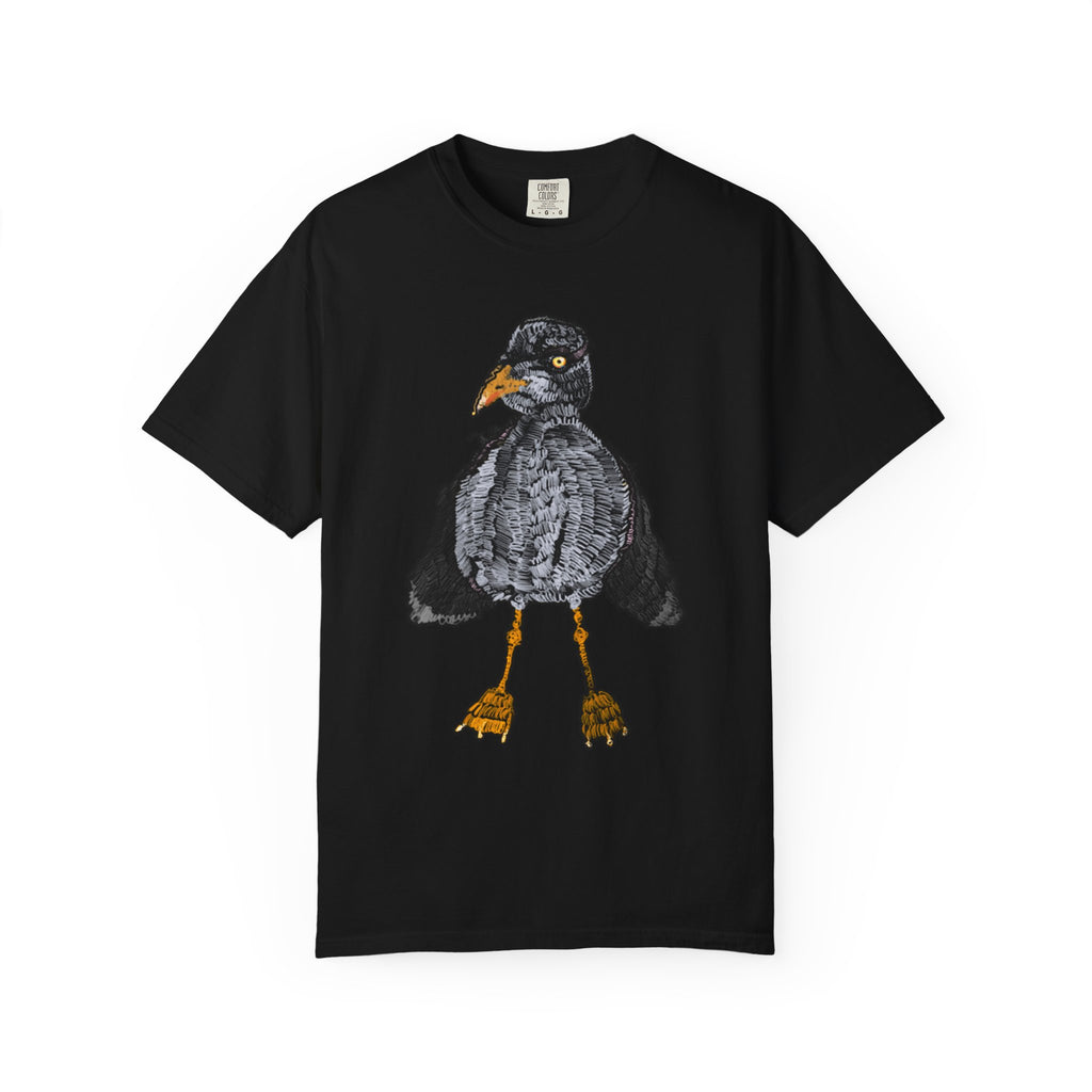 Hand-drawn crocheted staring seagull t-shirt with textured feathers, intense yellow eye and orange legs on Comfort Colors tee from PizzaBytes collection
