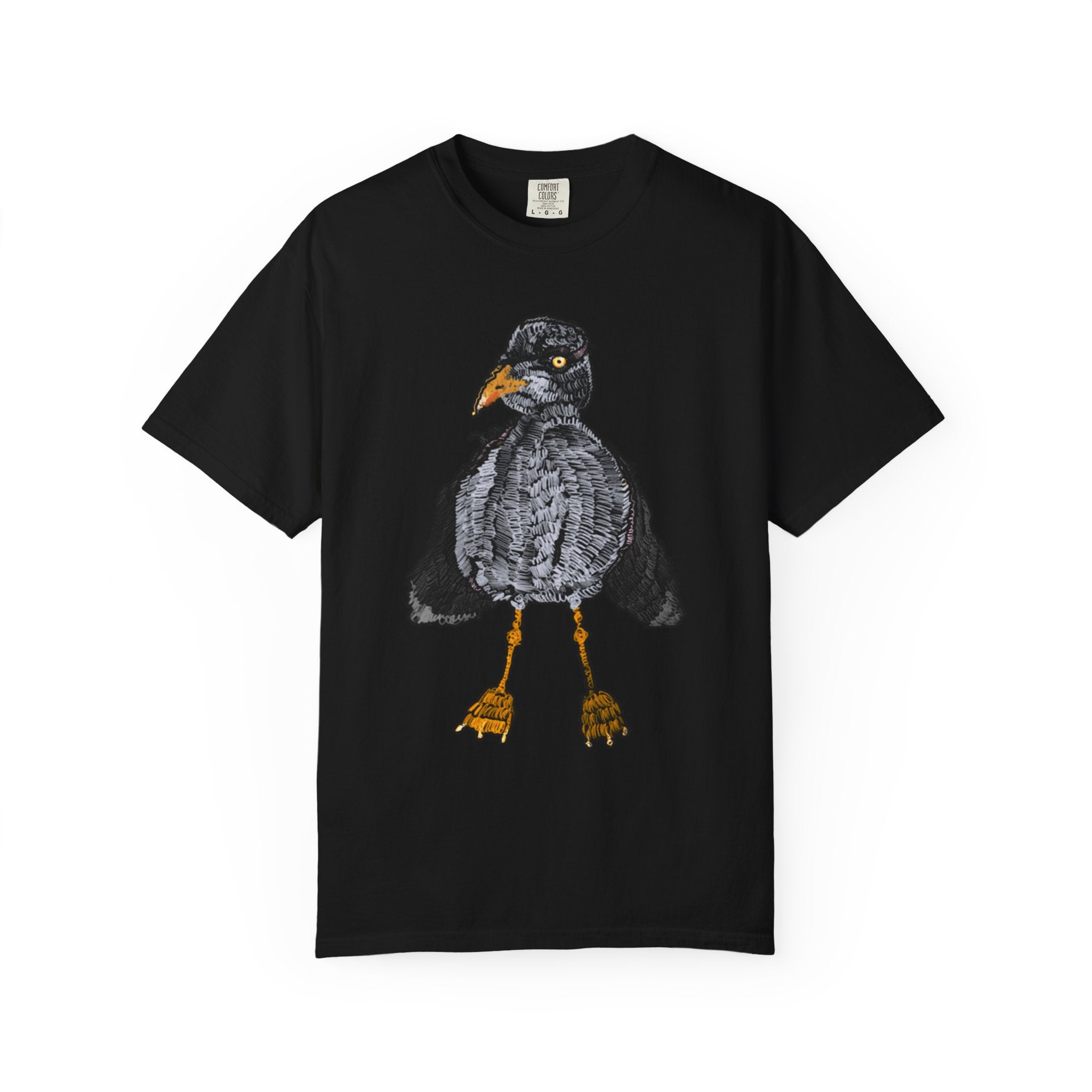 Hand-drawn crocheted staring seagull t-shirt with textured feathers, intense yellow eye and orange legs on Comfort Colors tee from PizzaBytes collection
