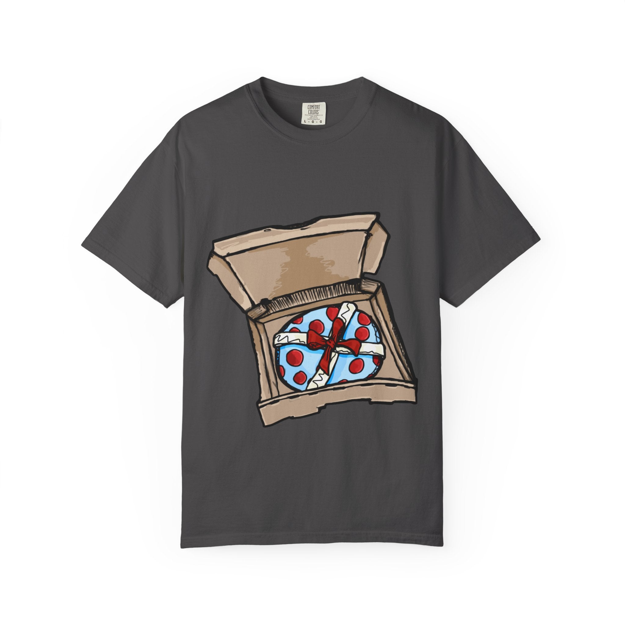 Hand-drawn gift pizza box t-shirt showing open pizza box with blue polka-dotted wrapped gift and red bow on Comfort tee from PizzaBytes collection
