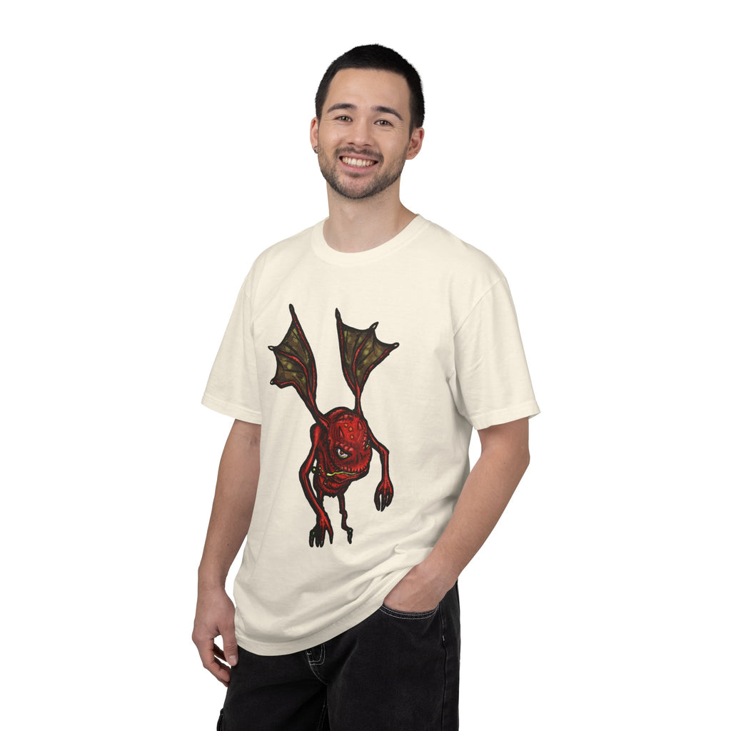 Freaky Features Fire Imp t-shirt, front shows a red bat-winged fire imp, back shows a monster-headed pizza box being raided by little red devils 
